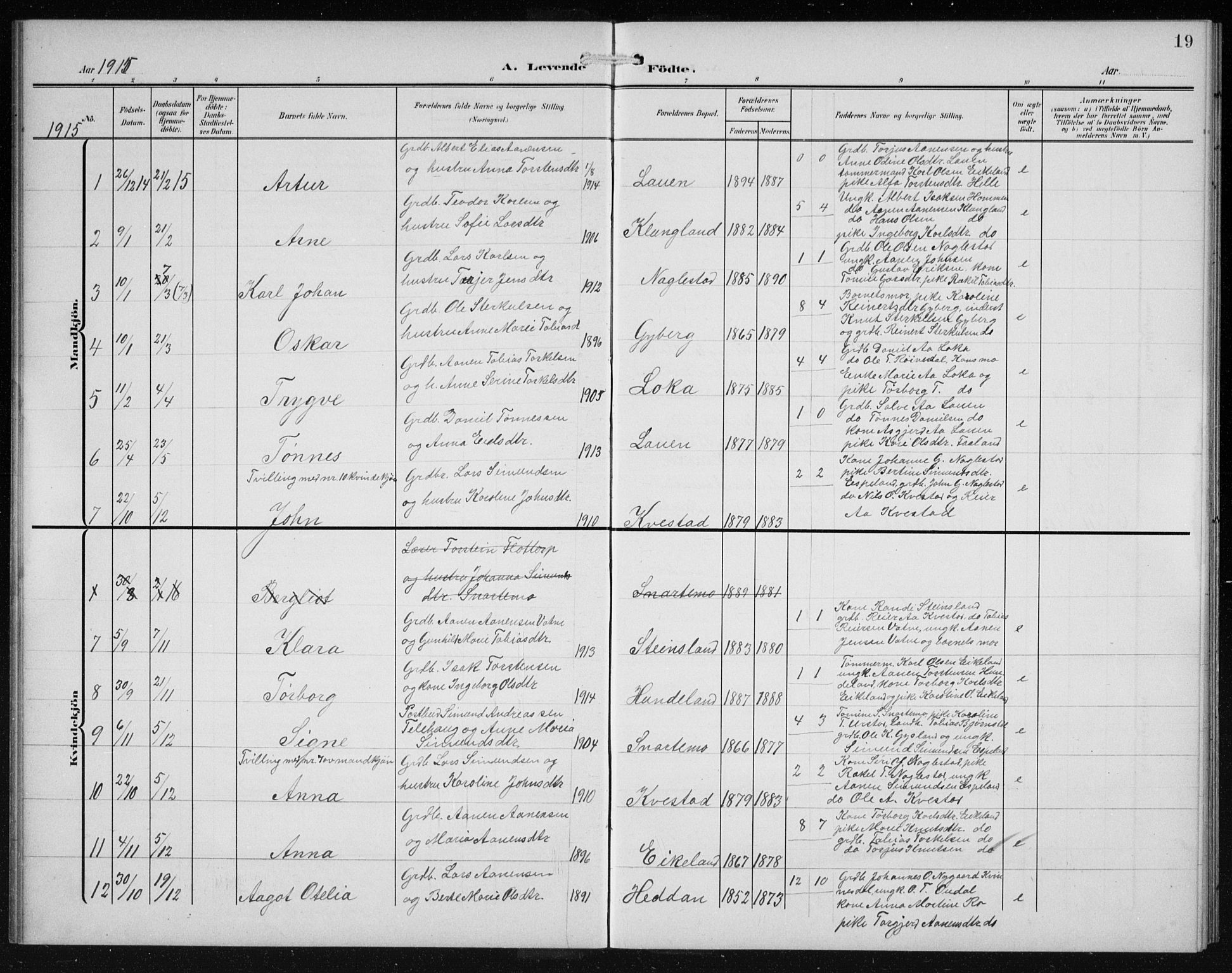 Hægebostad sokneprestkontor, AV/SAK-1111-0024/F/Fb/Fba/L0005: Parish register (copy) no. B 5, 1907-1931, p. 19