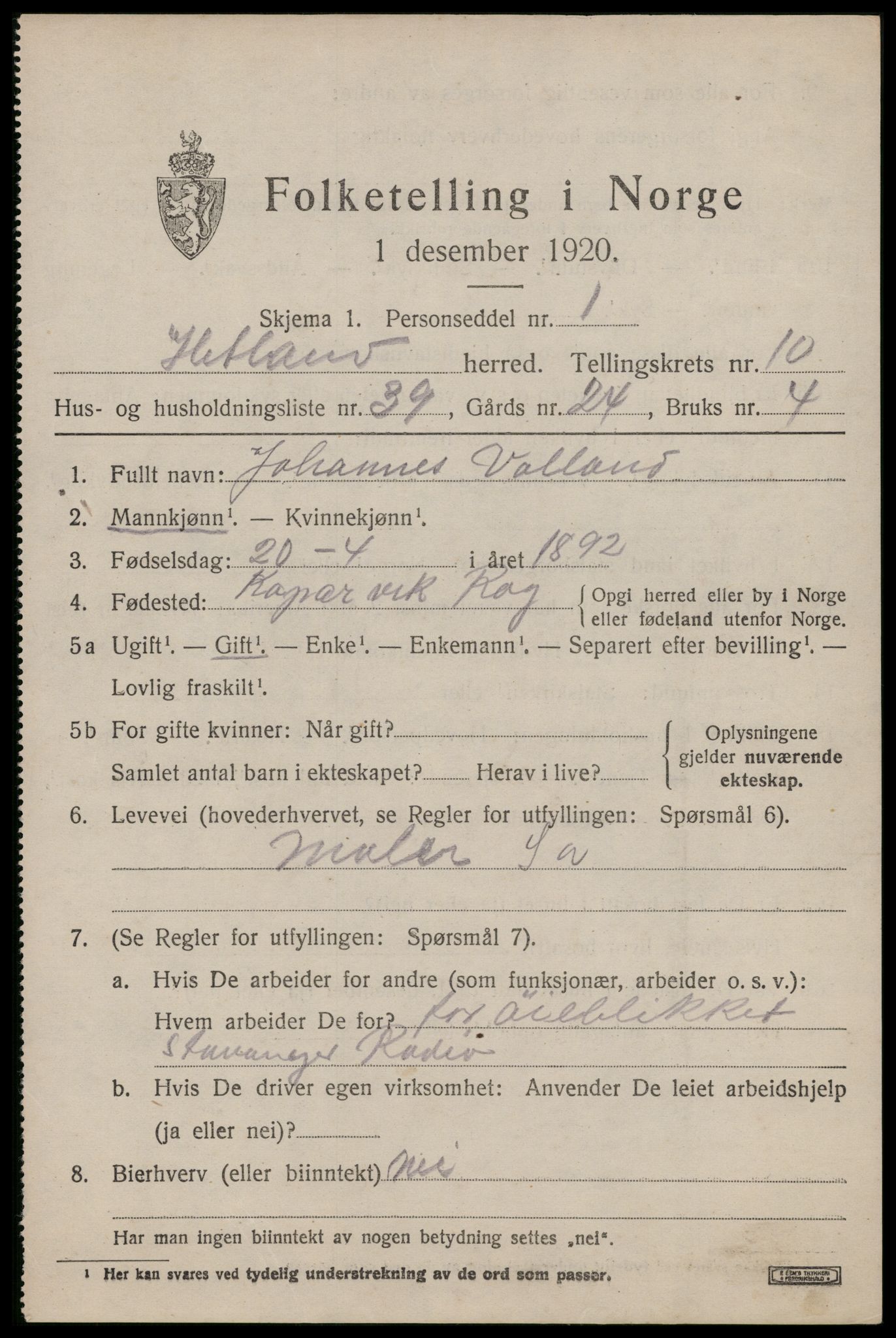 SAST, 1920 census for Hetland, 1920, p. 19411