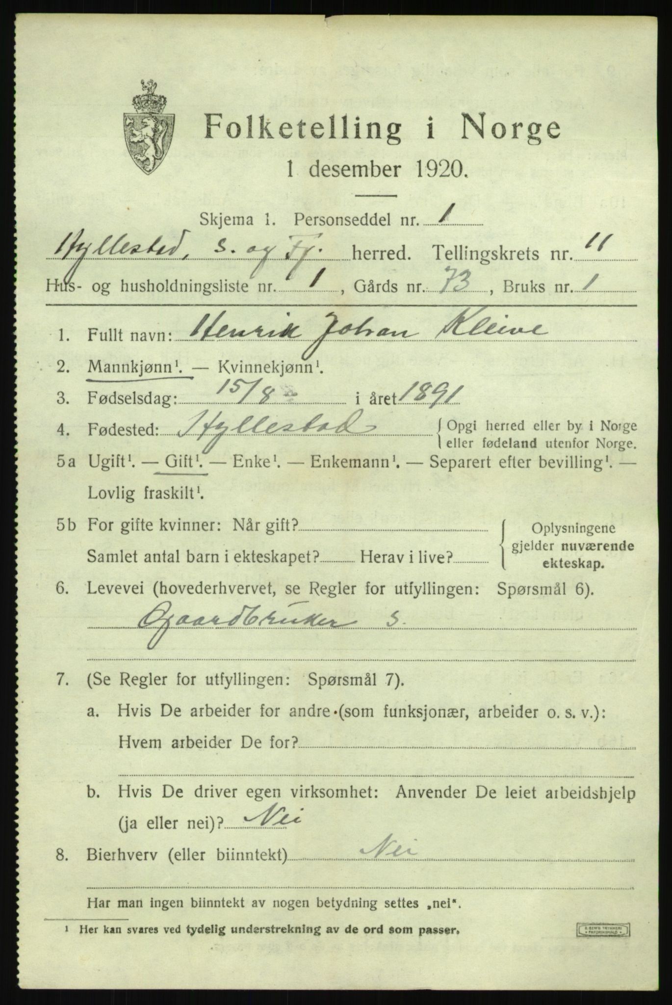 SAB, 1920 census for Hyllestad, 1920, p. 4092