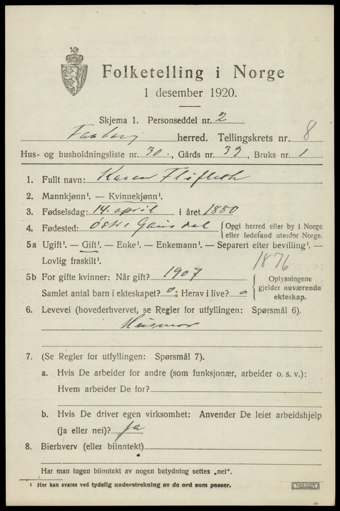 SAH, 1920 census for Fåberg, 1920, p. 9538