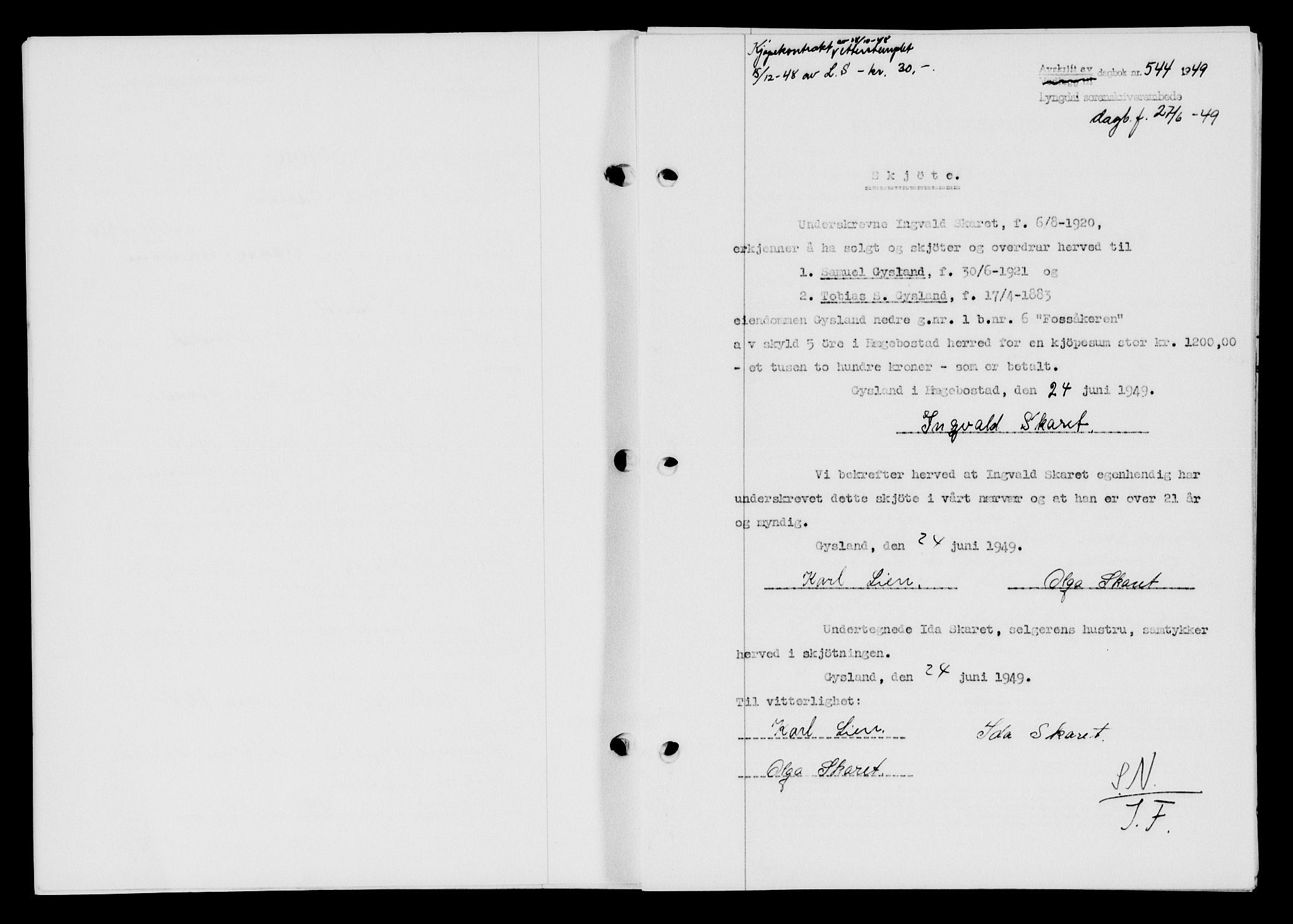 Lyngdal sorenskriveri, AV/SAK-1221-0004/G/Gb/L0663: Mortgage book no. A IX, 1948-1949, Diary no: : 544/1949