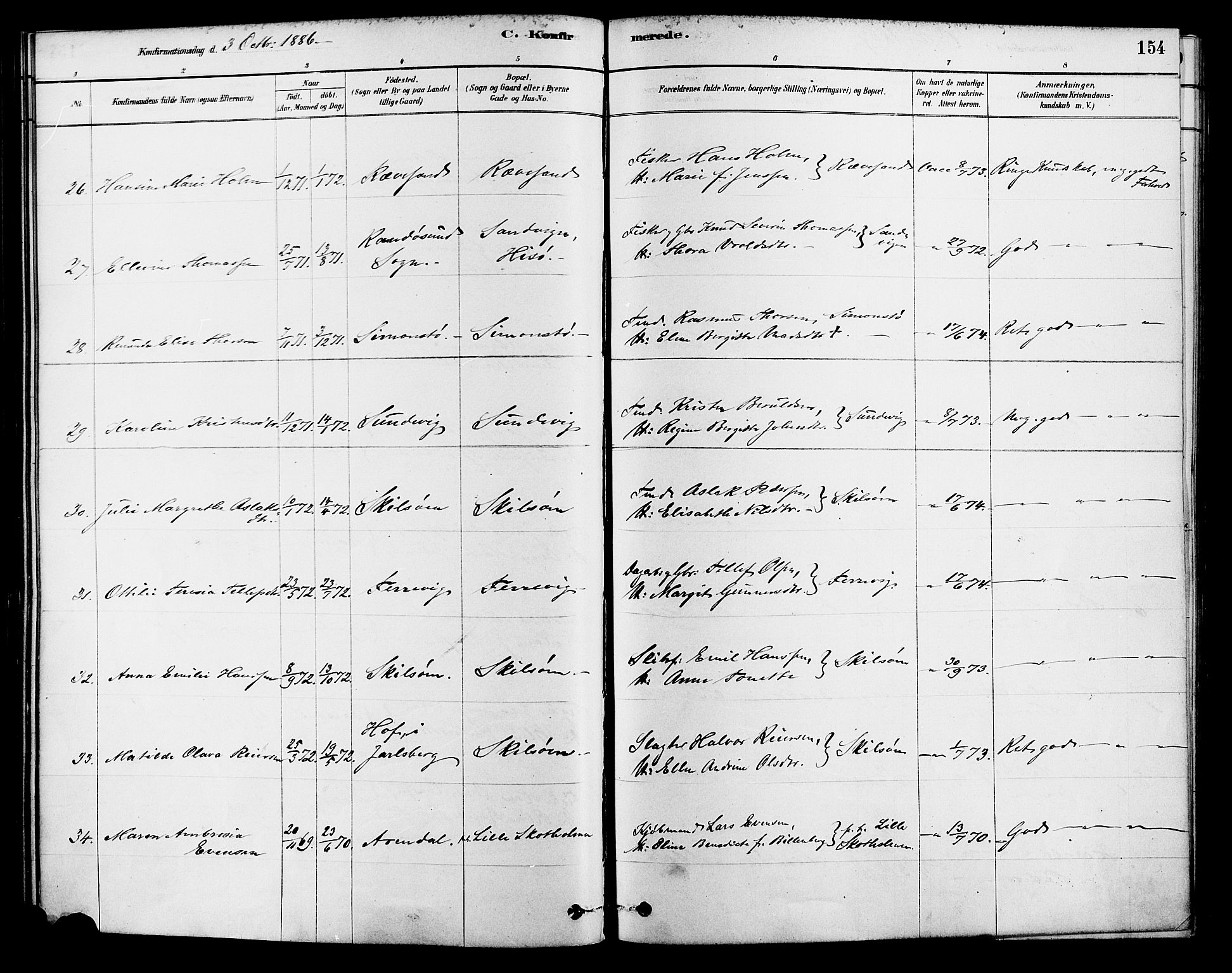 Tromøy sokneprestkontor, AV/SAK-1111-0041/F/Fa/L0009: Parish register (official) no. A 9, 1878-1896, p. 154