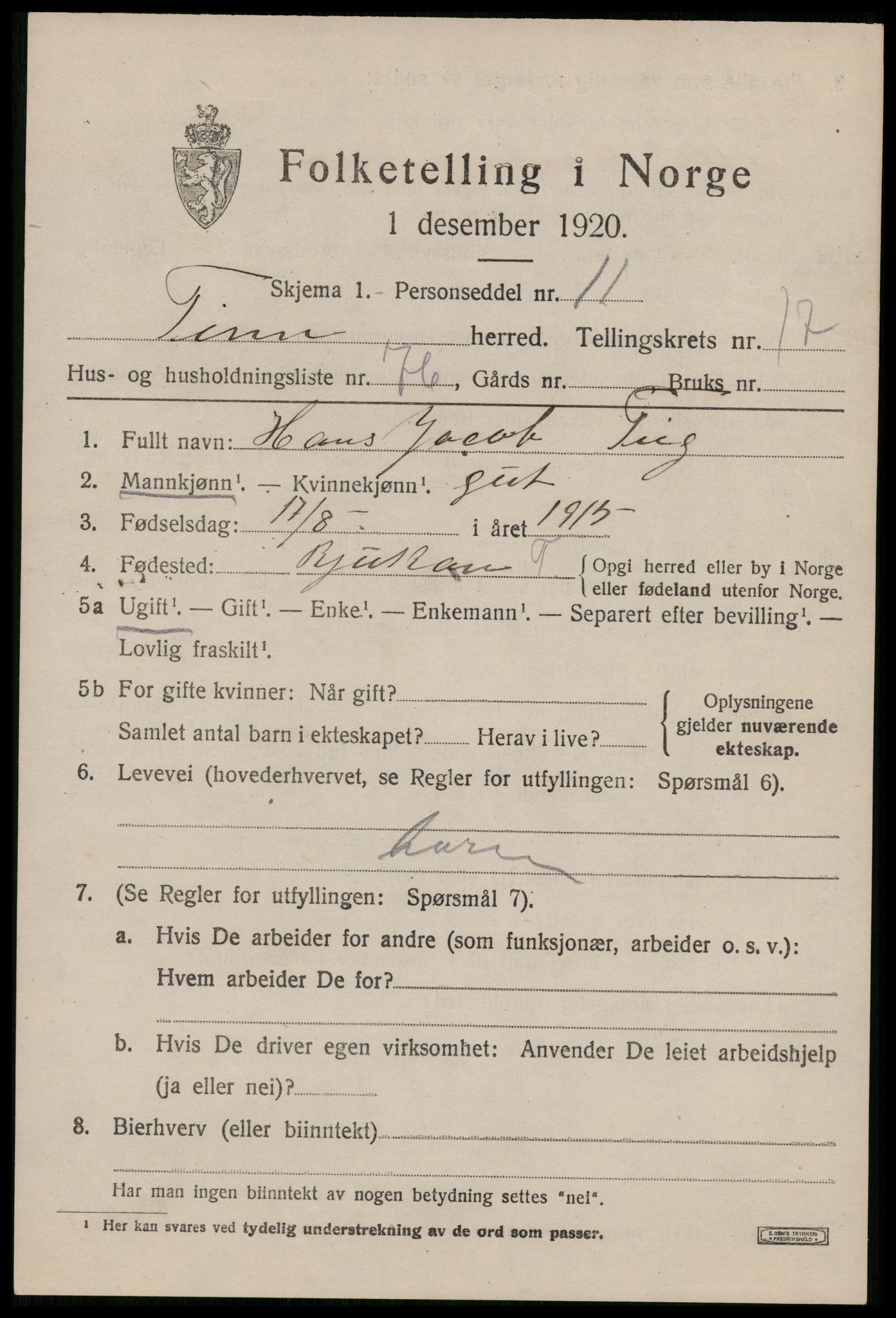 SAKO, 1920 census for Tinn, 1920, p. 20418