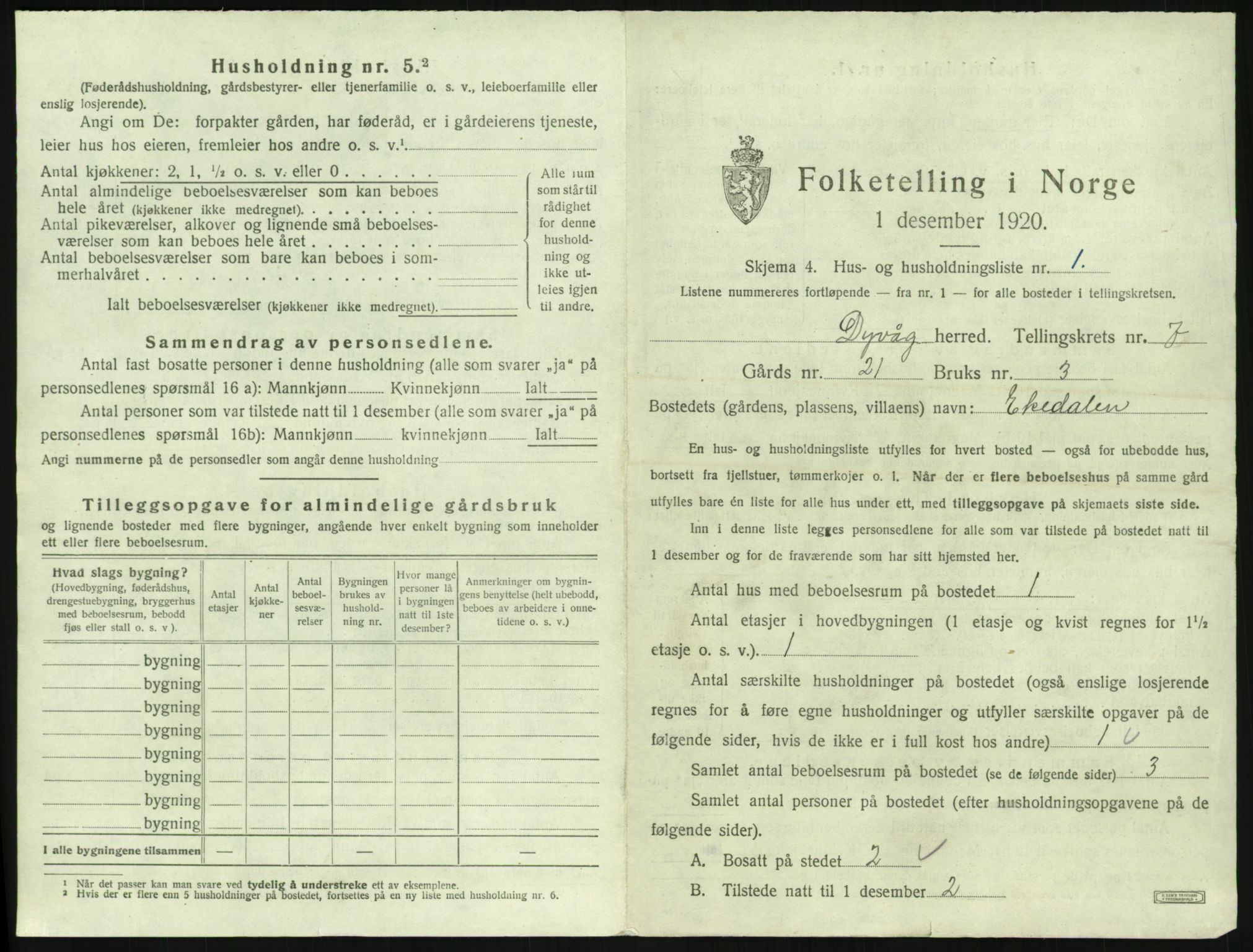 SAK, 1920 census for Dypvåg, 1920, p. 1195