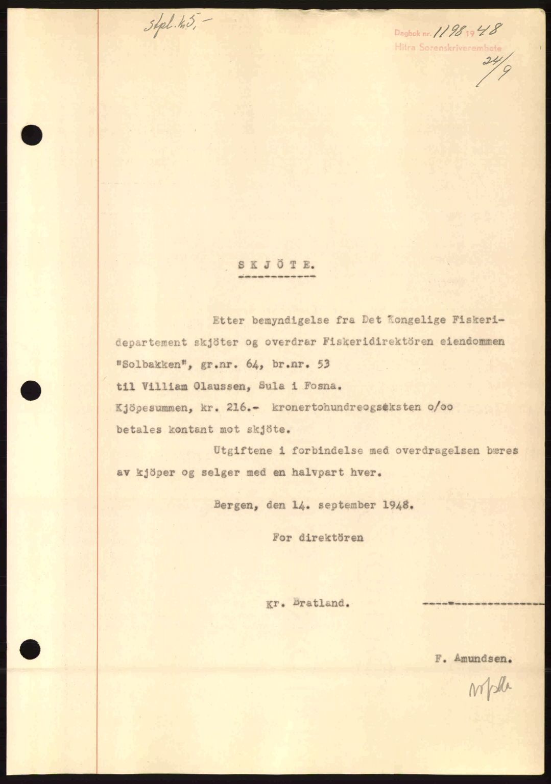 Hitra sorenskriveri, AV/SAT-A-0018/2/2C/2Ca: Mortgage book no. A5, 1947-1948, Diary no: : 1198/1948