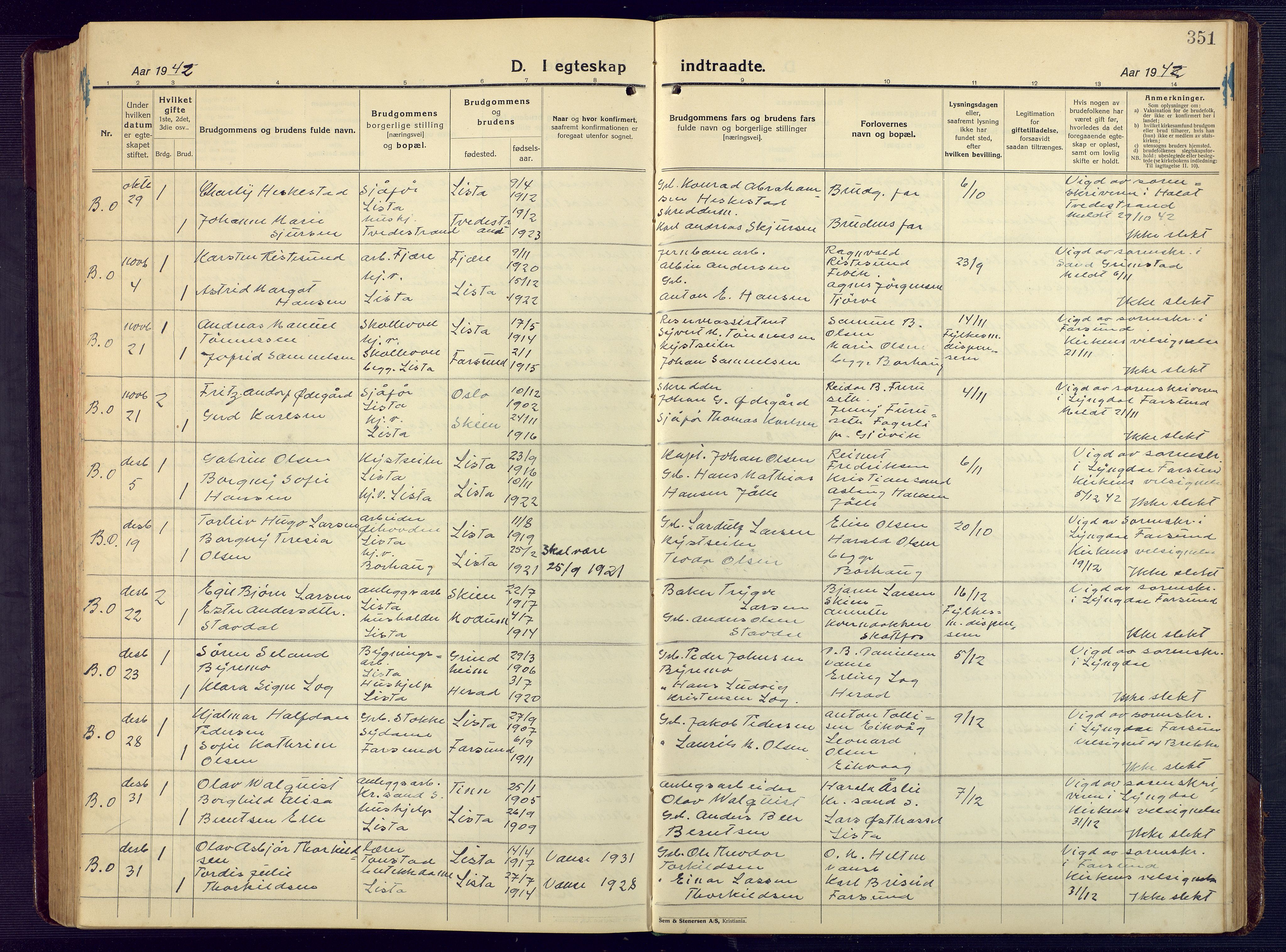 Lista sokneprestkontor, SAK/1111-0027/F/Fb/L0006: Parish register (copy) no. B 6, 1924-1947, p. 351