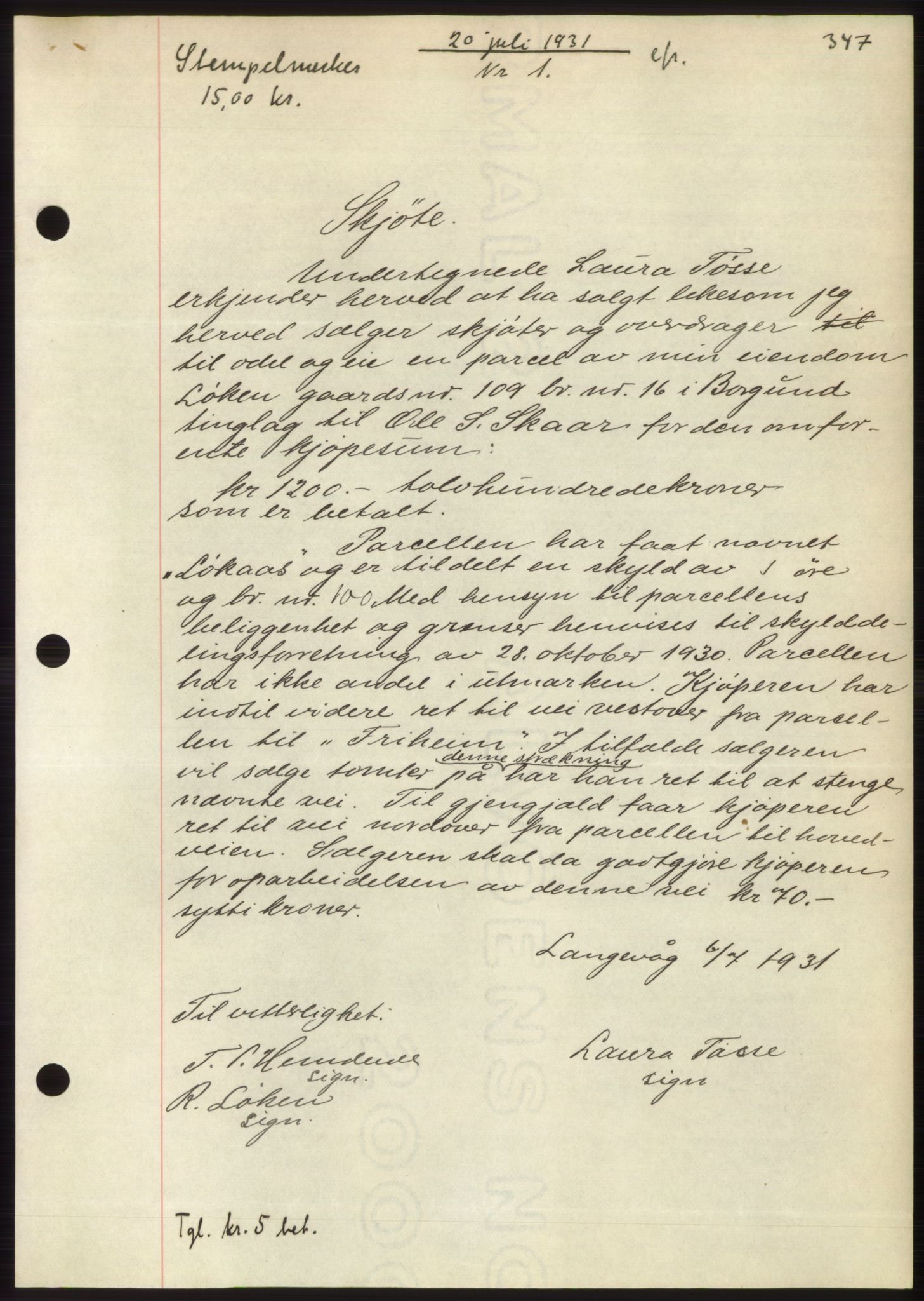 Nordre Sunnmøre sorenskriveri, AV/SAT-A-0006/1/2/2C/2Ca/L0048: Mortgage book no. 48, 1931-1931, Deed date: 20.07.1931