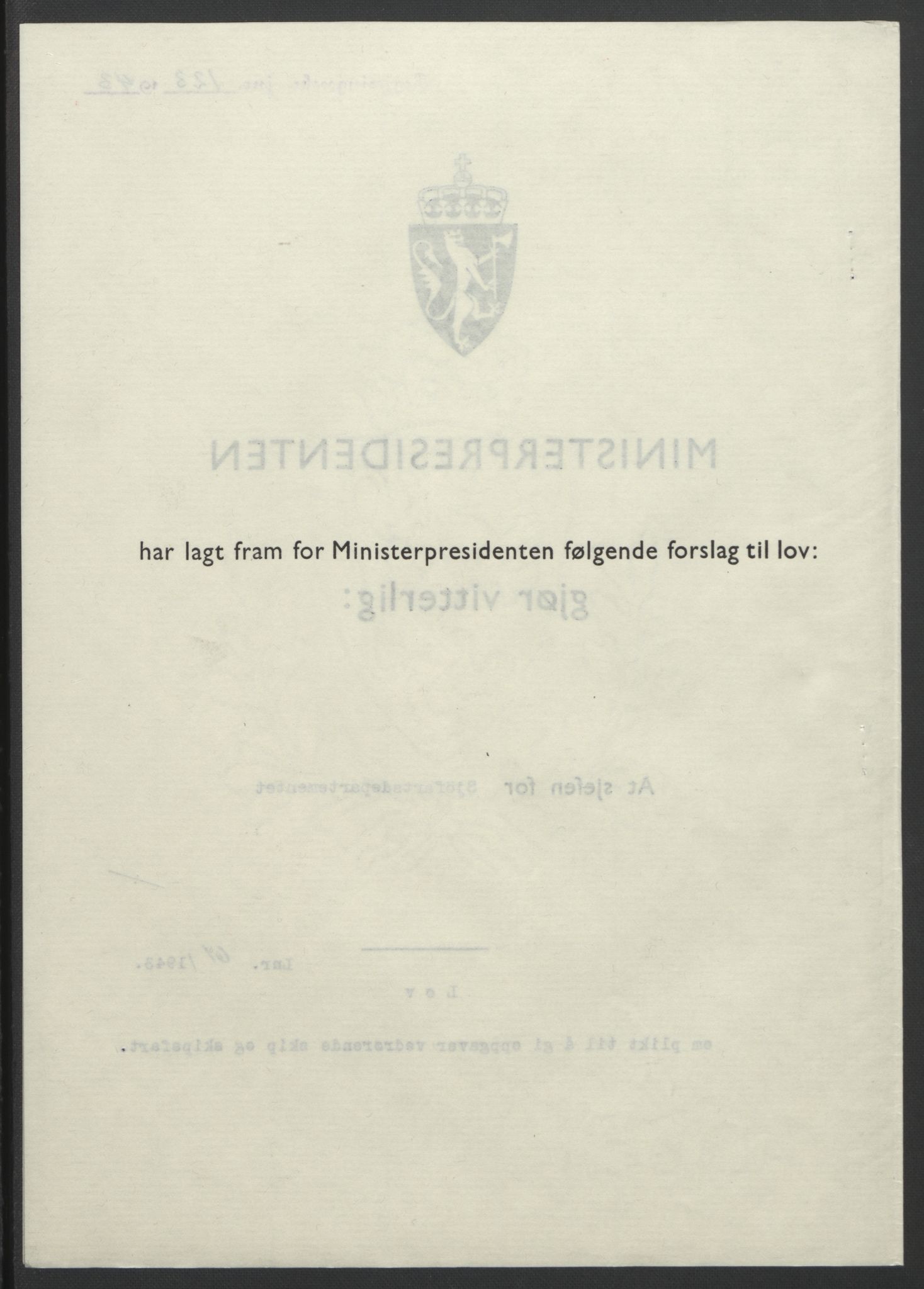 NS-administrasjonen 1940-1945 (Statsrådsekretariatet, de kommisariske statsråder mm), RA/S-4279/D/Db/L0099: Lover, 1943, p. 276