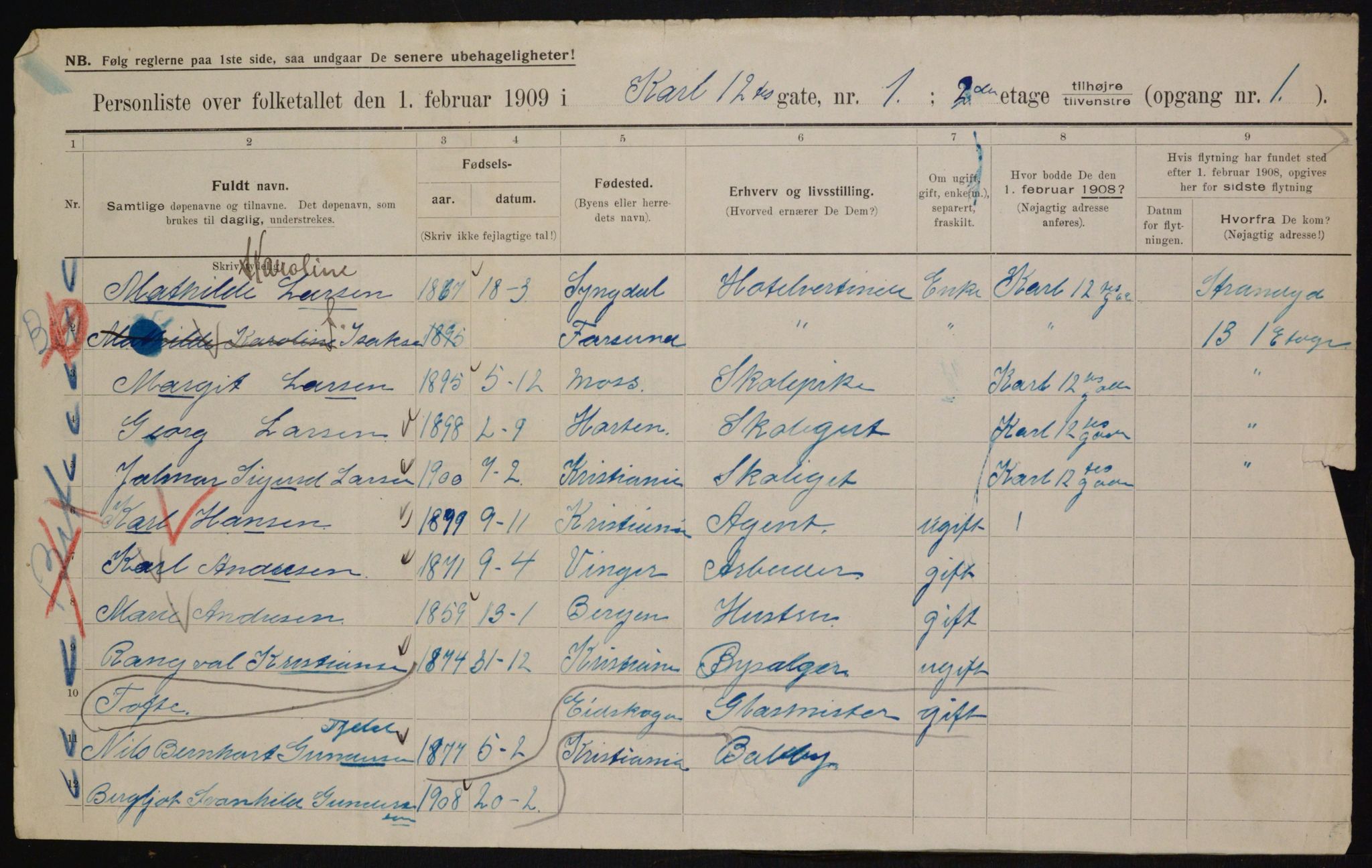 OBA, Municipal Census 1909 for Kristiania, 1909, p. 44076