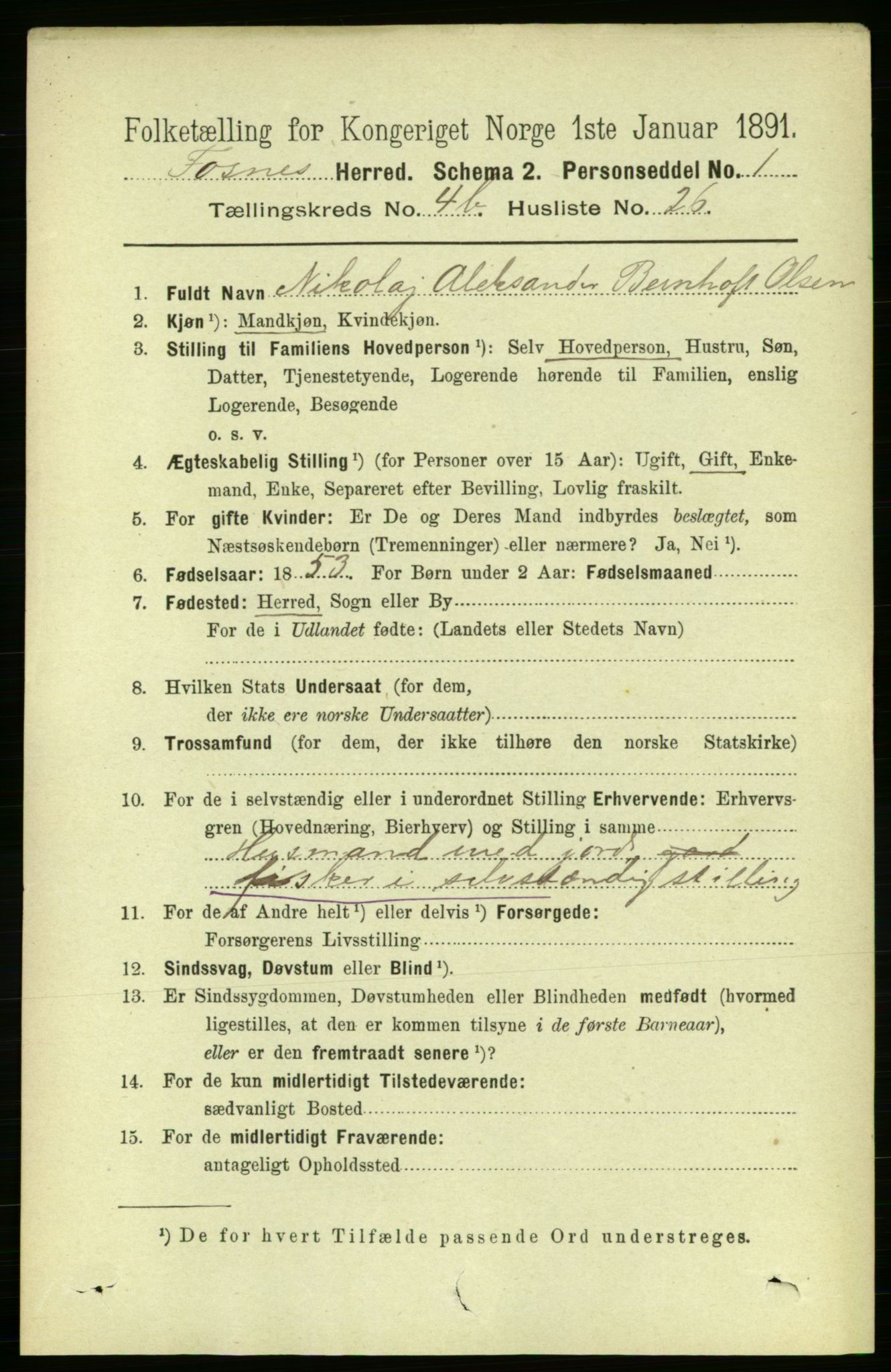 RA, 1891 census for 1748 Fosnes, 1891, p. 1885