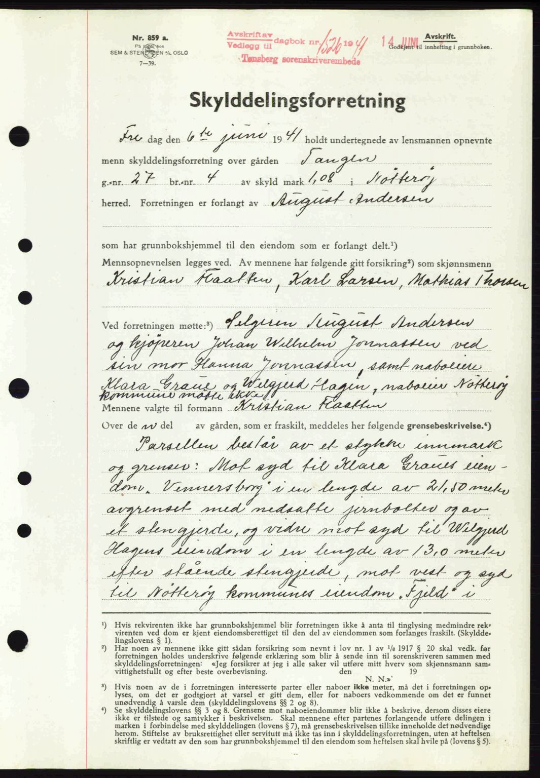 Tønsberg sorenskriveri, AV/SAKO-A-130/G/Ga/Gaa/L0010: Mortgage book no. A10, 1941-1941, Diary no: : 1526/1941