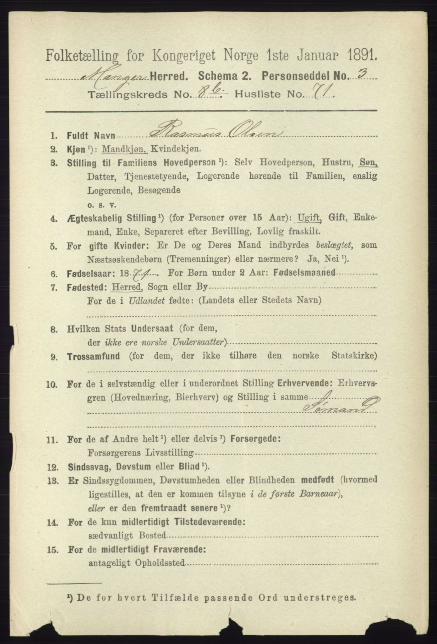 RA, 1891 census for 1261 Manger, 1891, p. 5602