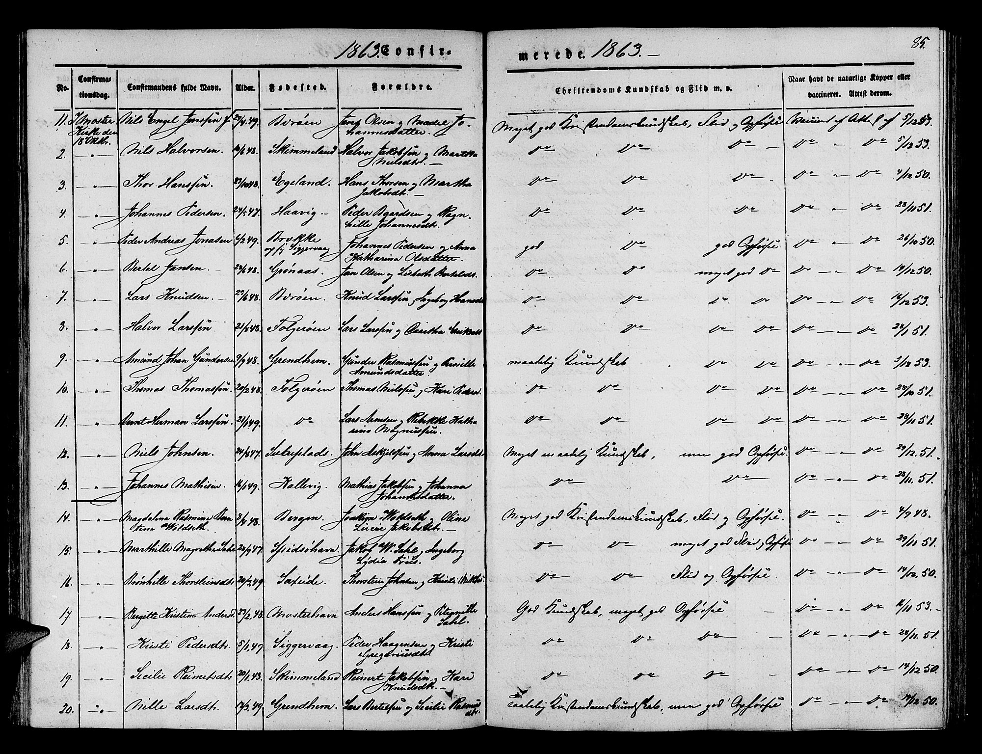 Finnås sokneprestembete, SAB/A-99925/H/Ha/Hab/Haba/L0001: Parish register (copy) no. A 1, 1851-1873, p. 85