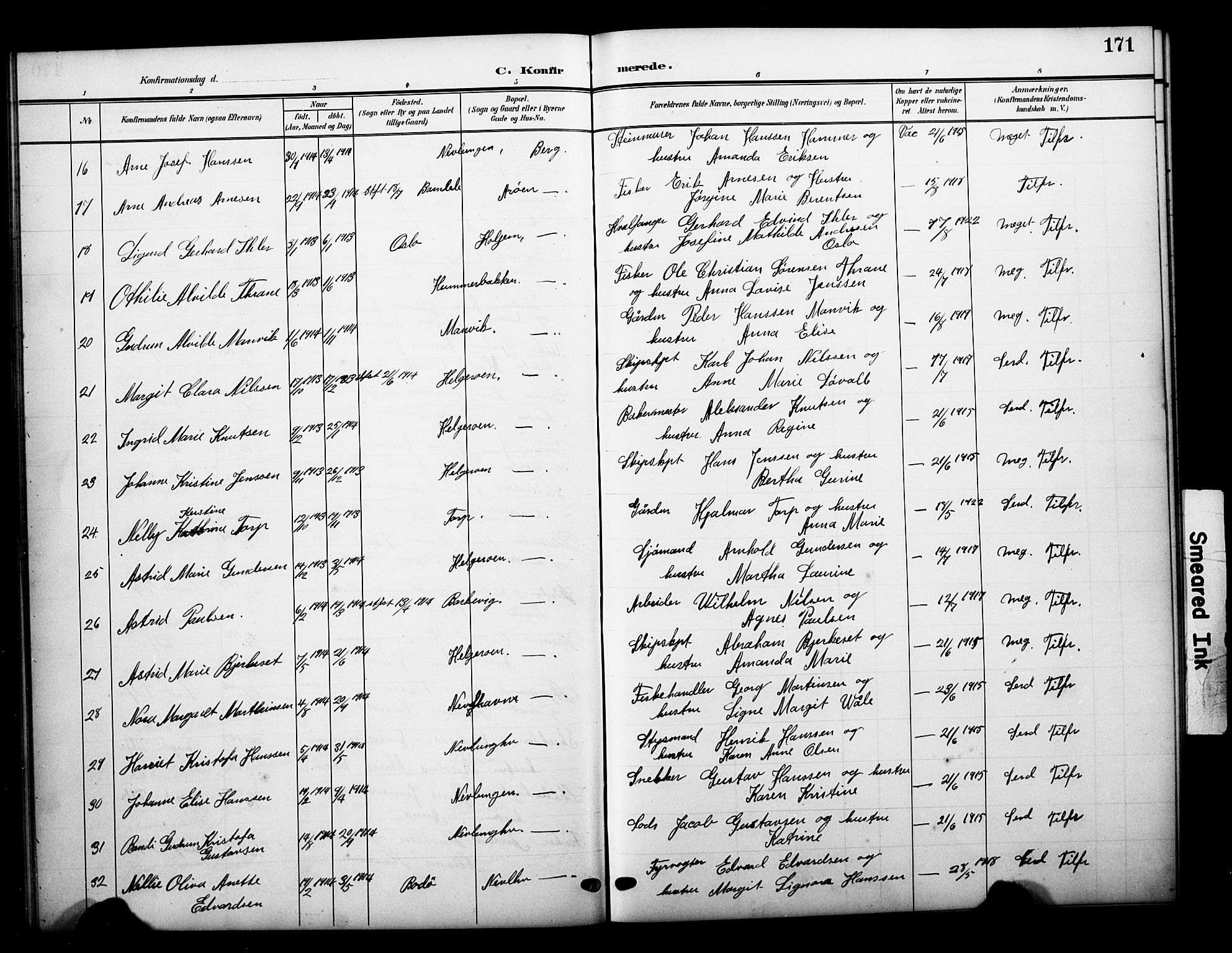 Brunlanes kirkebøker, AV/SAKO-A-342/G/Gb/L0003: Parish register (copy) no. II 3, 1903-1928, p. 171