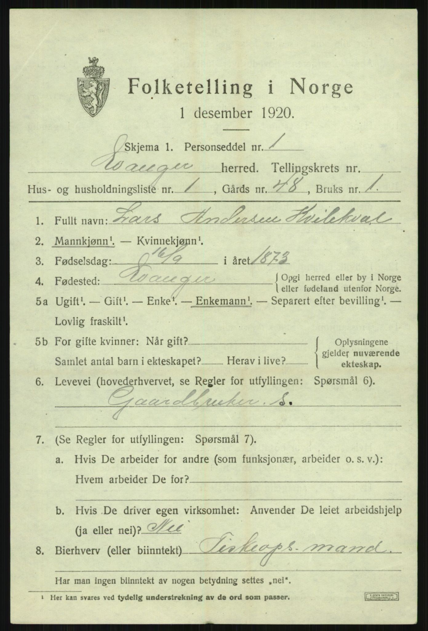 SAB, 1920 census for Evanger, 1920, p. 3649