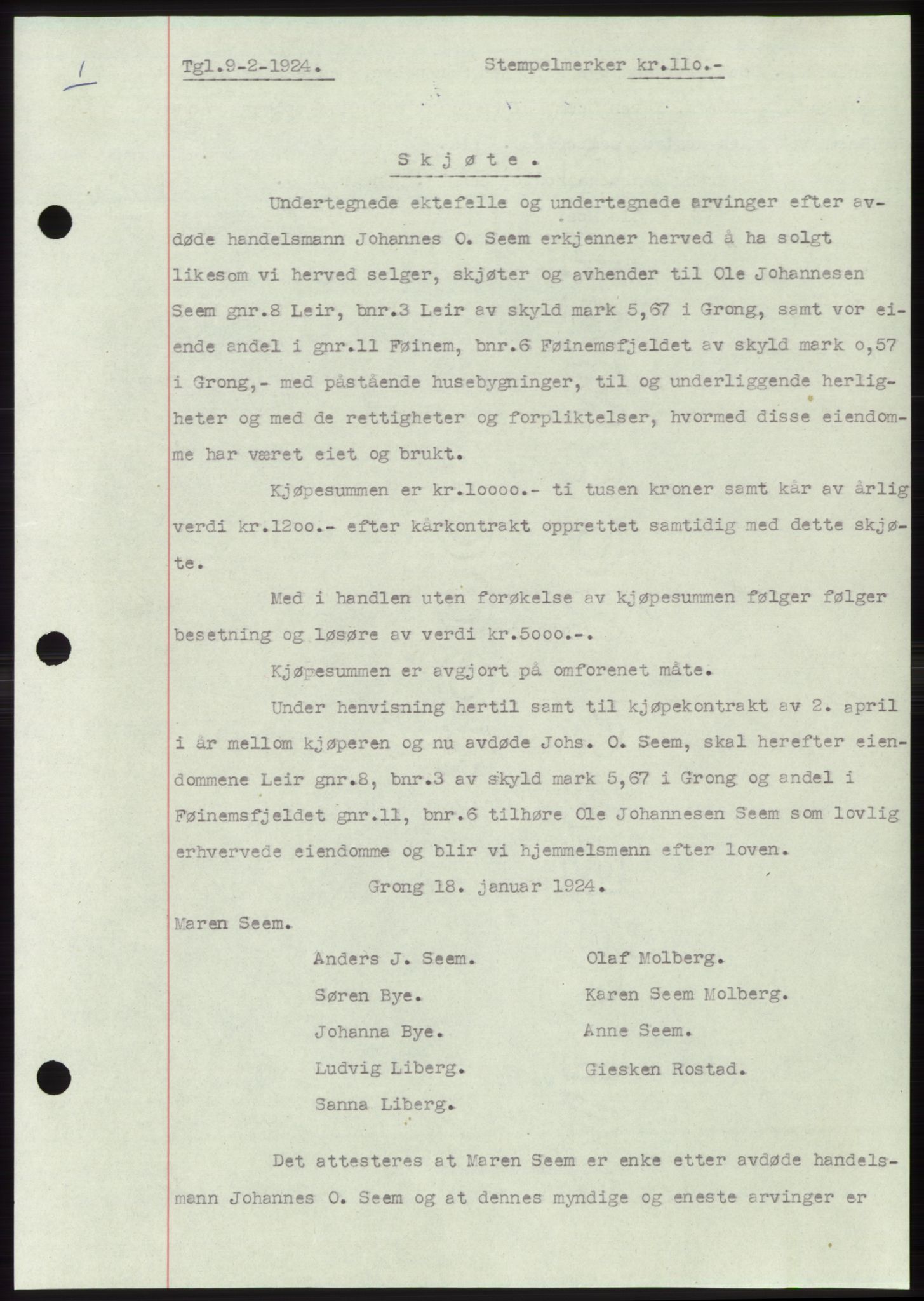 Namdal sorenskriveri, SAT/A-4133/1/2/2C: Mortgage book no. -, 1922-1925, Deed date: 09.02.1924