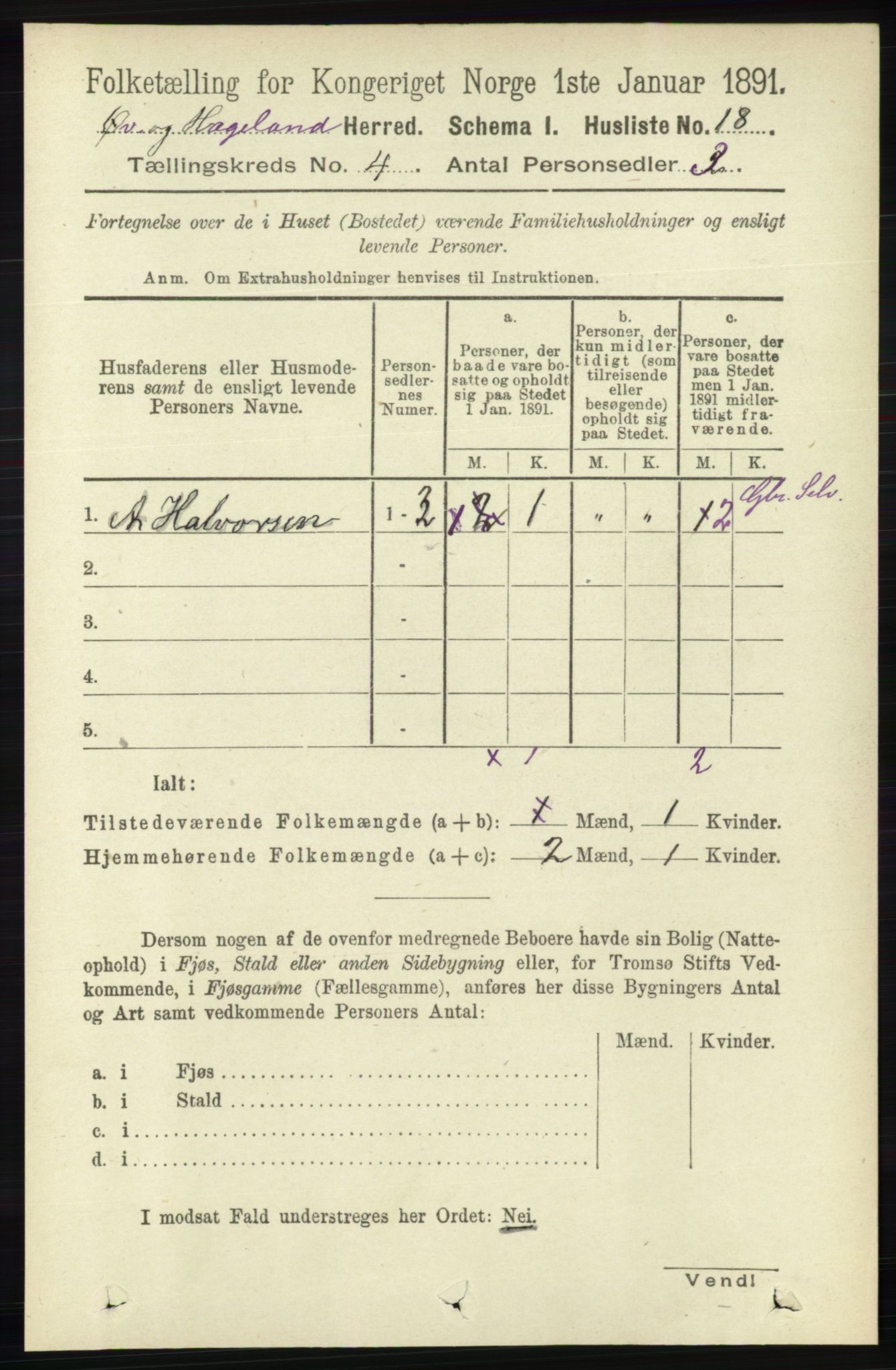 RA, 1891 census for 1016 Øvrebø og Hægeland, 1891, p. 665