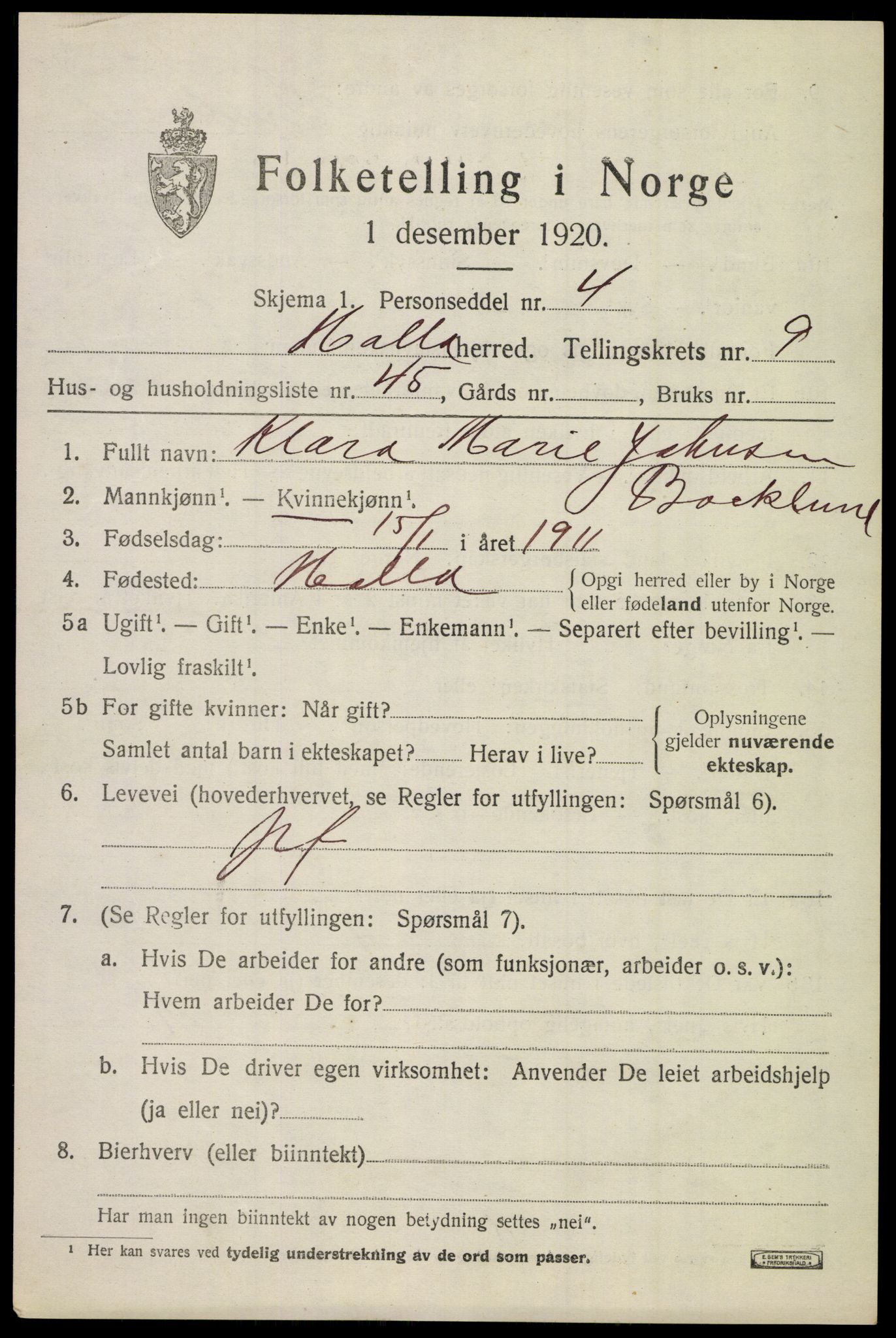 SAKO, 1920 census for Holla, 1920, p. 6013