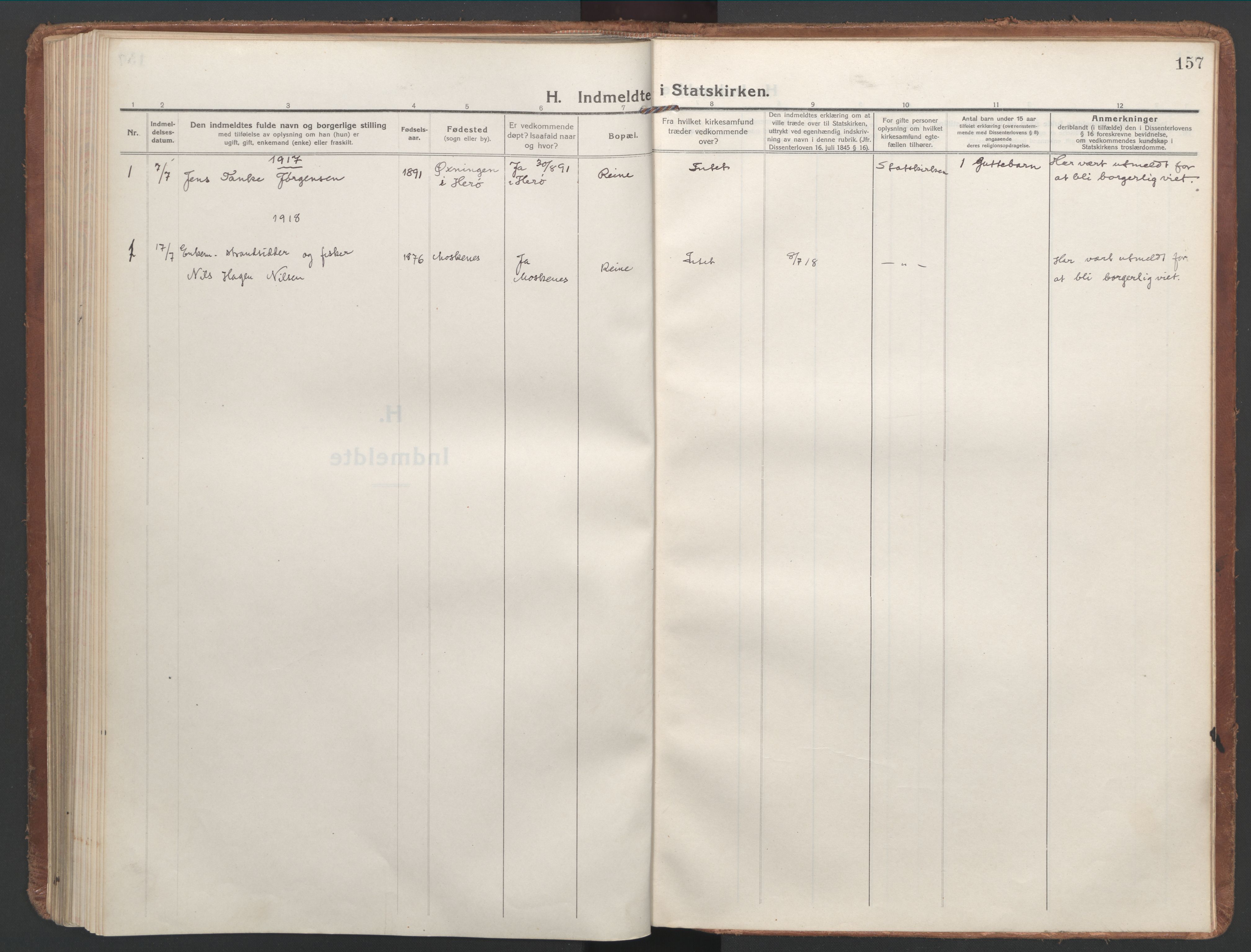 Ministerialprotokoller, klokkerbøker og fødselsregistre - Nordland, SAT/A-1459/886/L1222: Parish register (official) no. 886A04, 1914-1926, p. 157