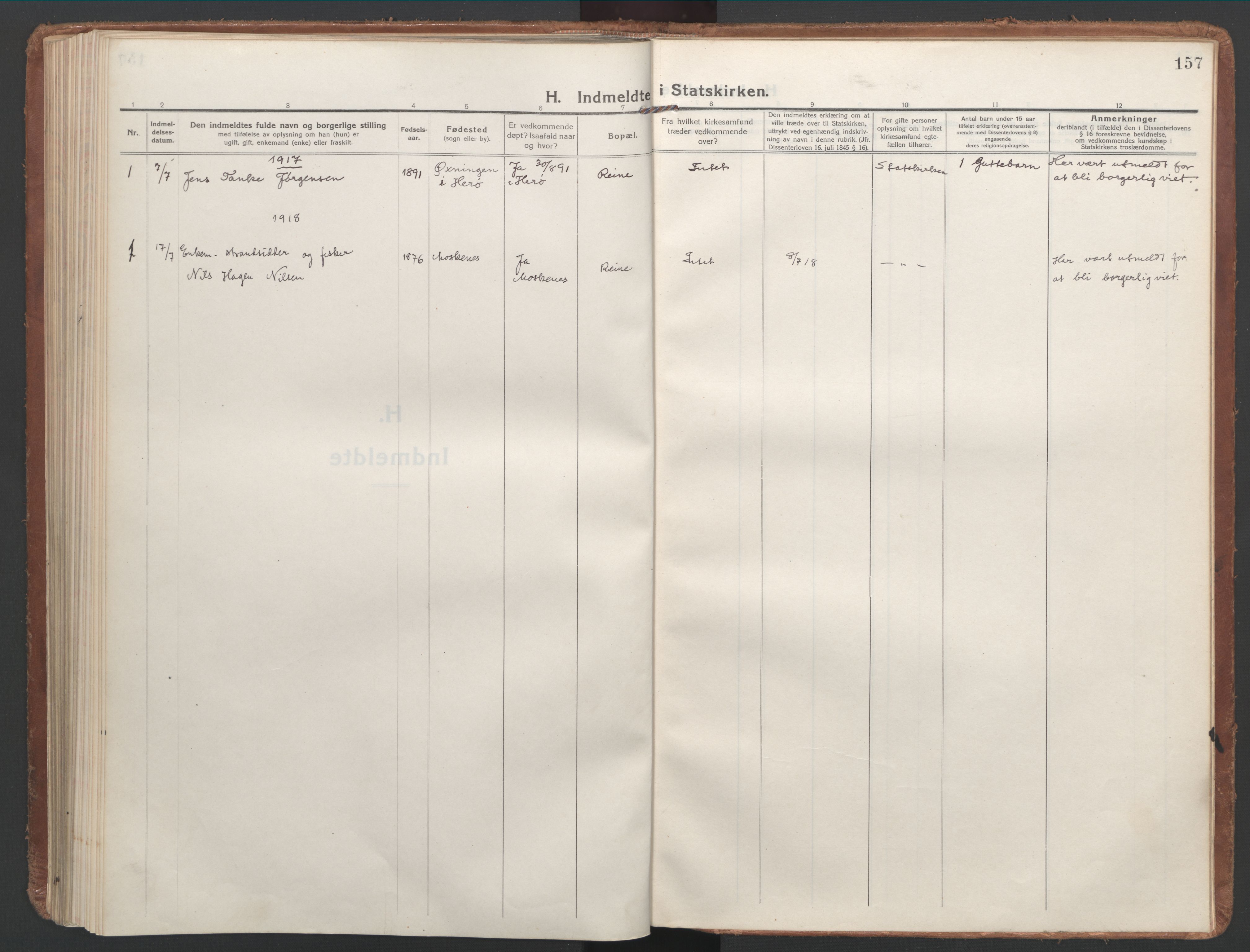 Ministerialprotokoller, klokkerbøker og fødselsregistre - Nordland, AV/SAT-A-1459/886/L1222: Parish register (official) no. 886A04, 1914-1926, p. 157