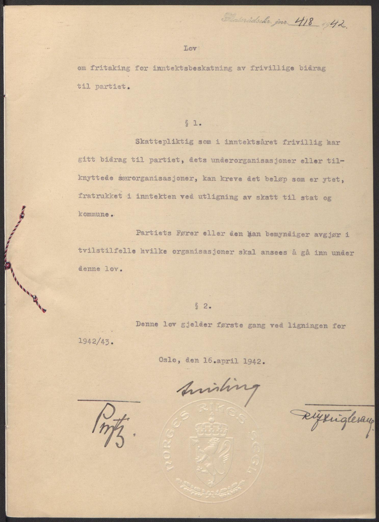 NS-administrasjonen 1940-1945 (Statsrådsekretariatet, de kommisariske statsråder mm), AV/RA-S-4279/D/Db/L0097: Lover I, 1942, p. 303