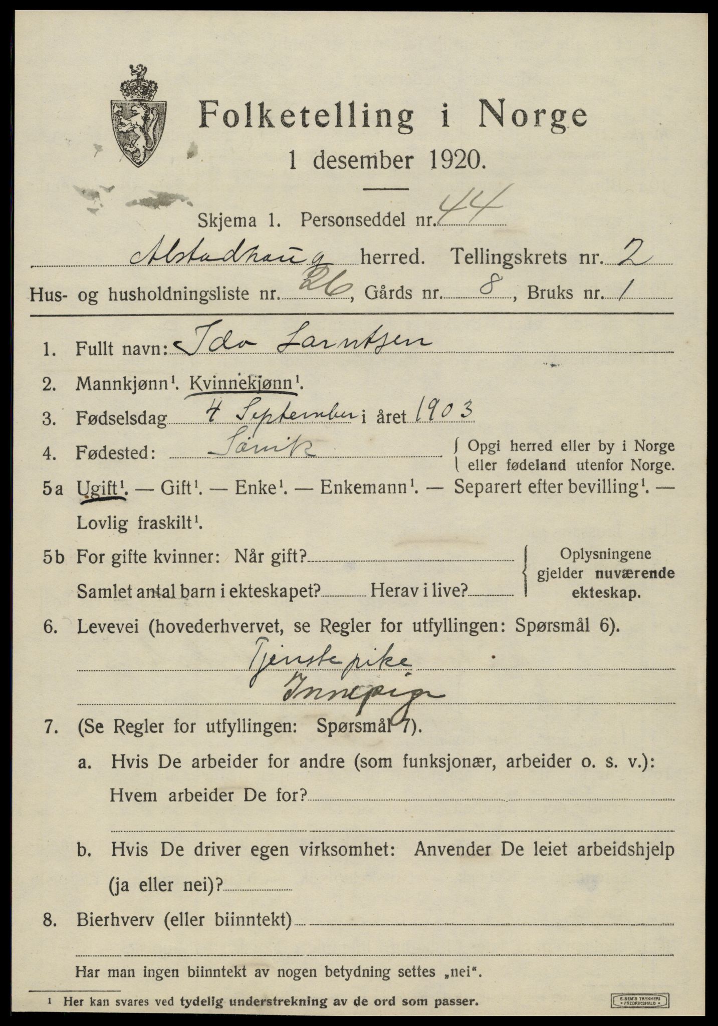 SAT, 1920 census for Alstahaug, 1920, p. 1233