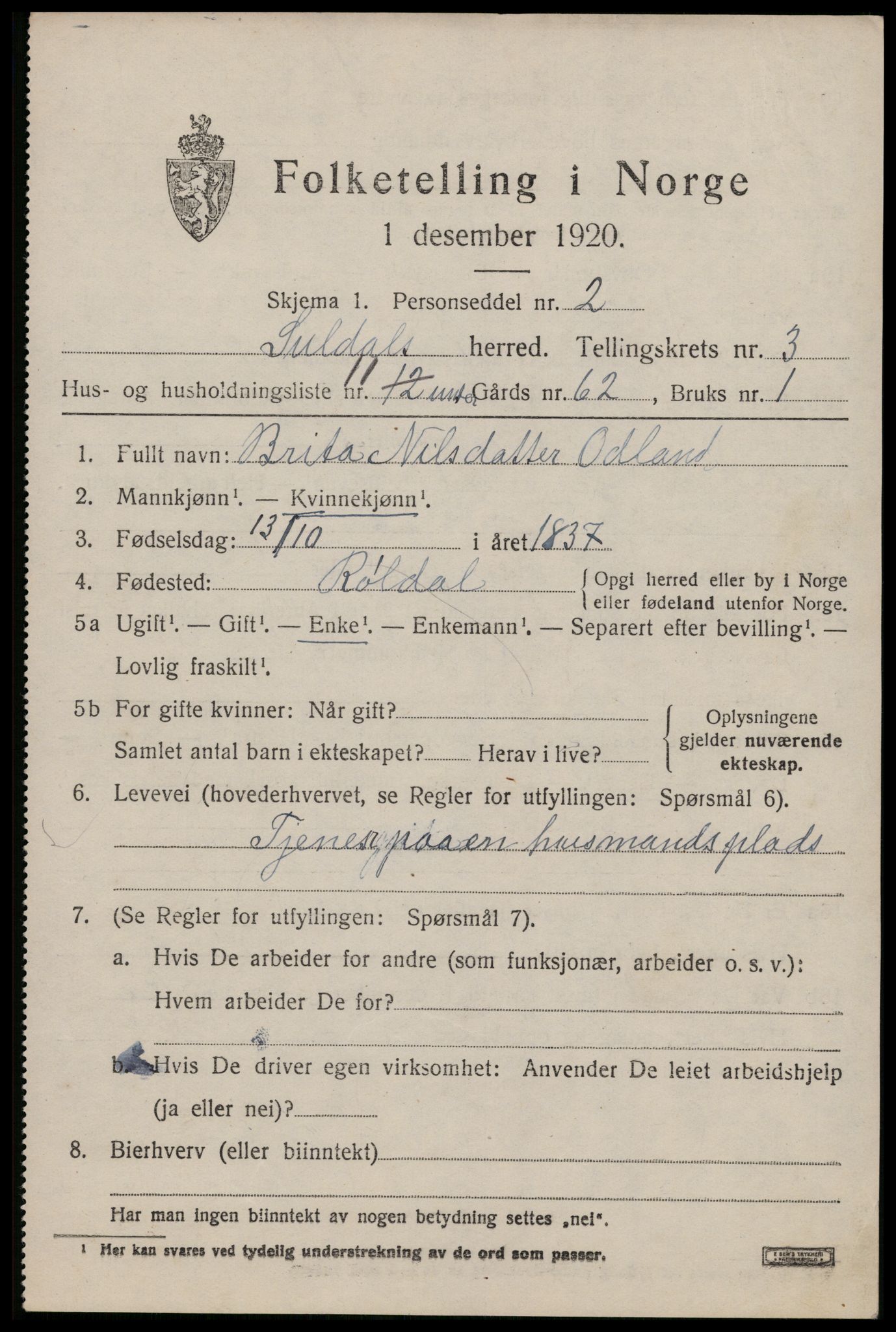 SAST, 1920 census for Suldal, 1920, p. 1016