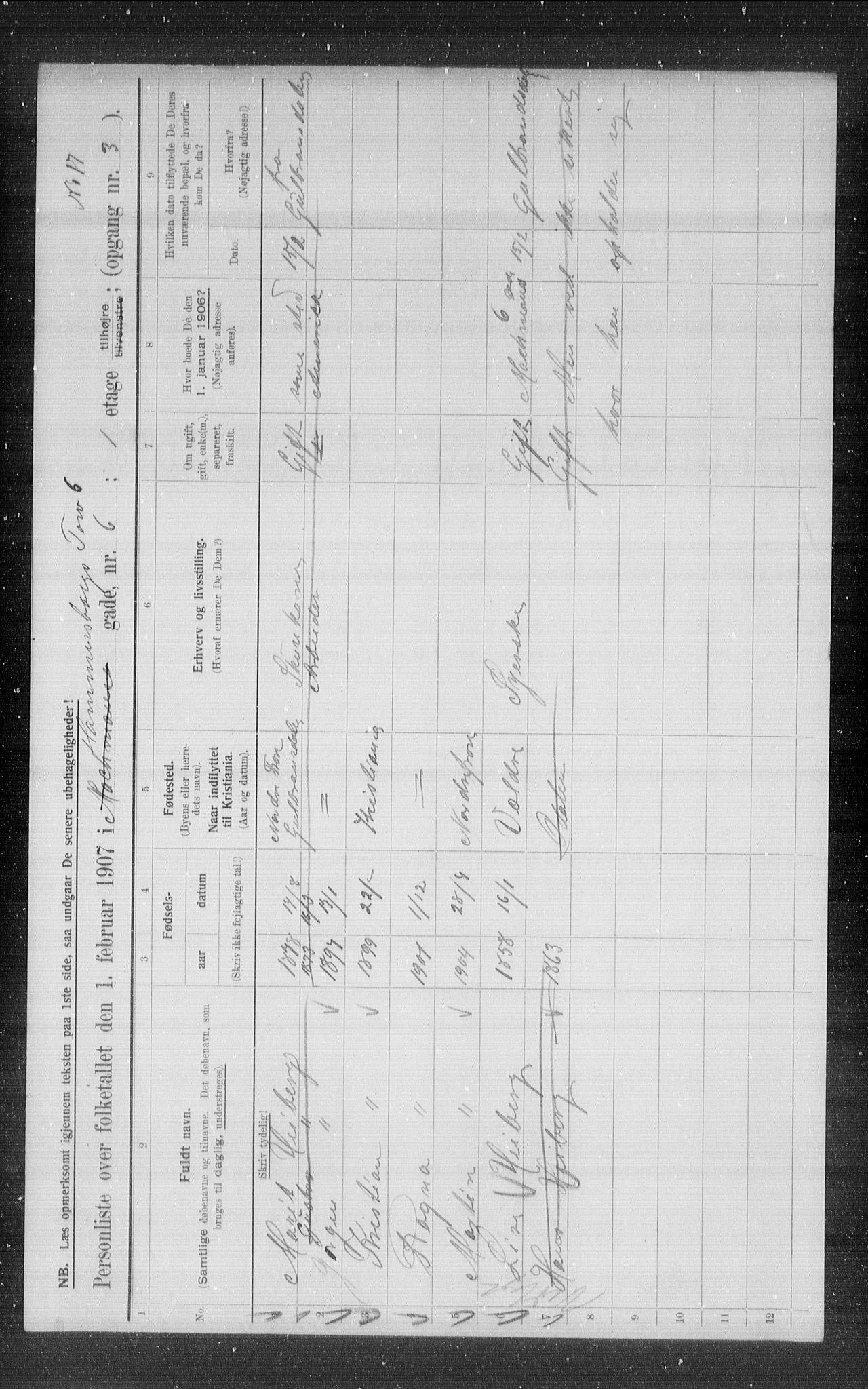 OBA, Municipal Census 1907 for Kristiania, 1907, p. 17665