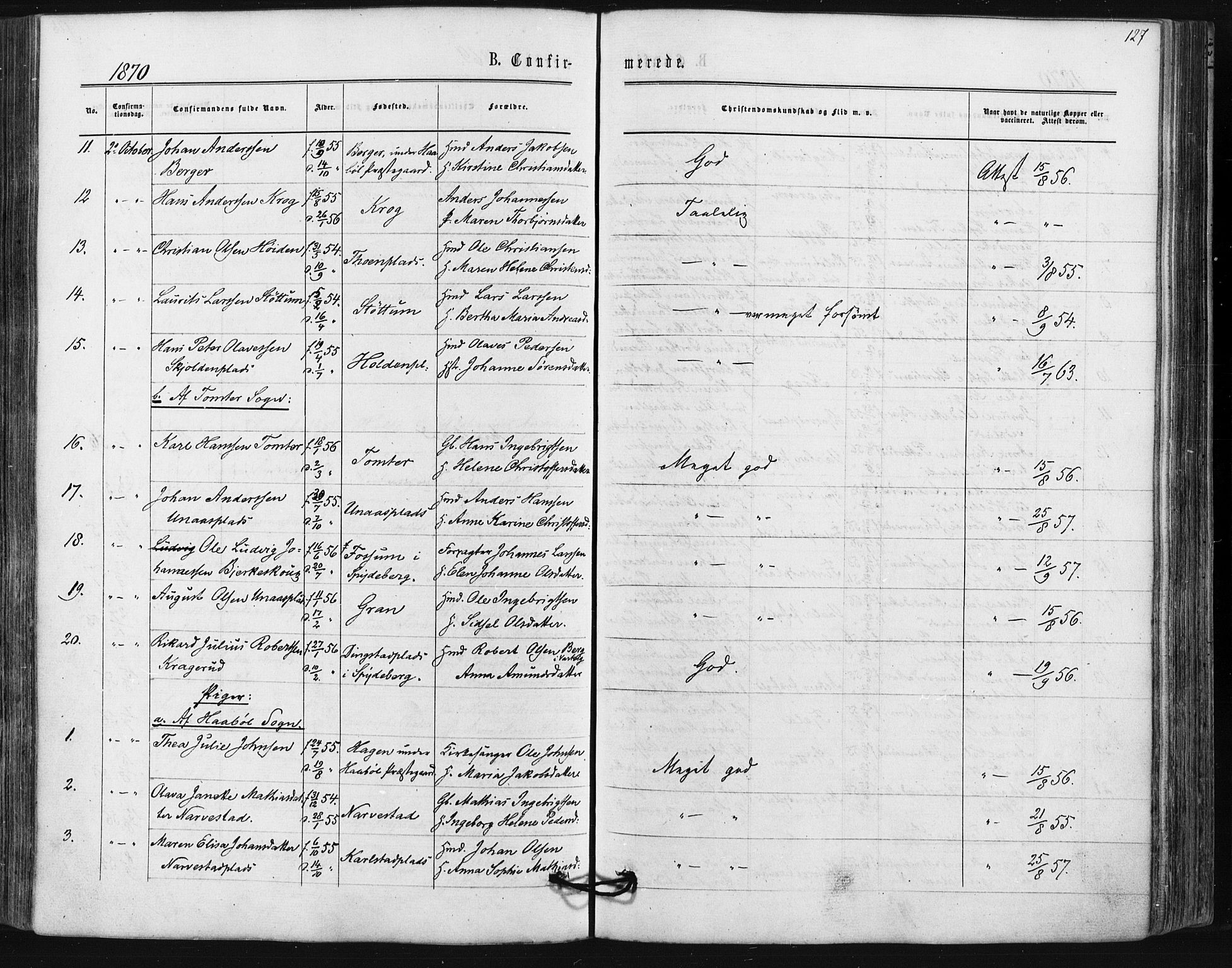 Hobøl prestekontor Kirkebøker, AV/SAO-A-2002/F/Fa/L0004: Parish register (official) no. I 4, 1865-1877, p. 127