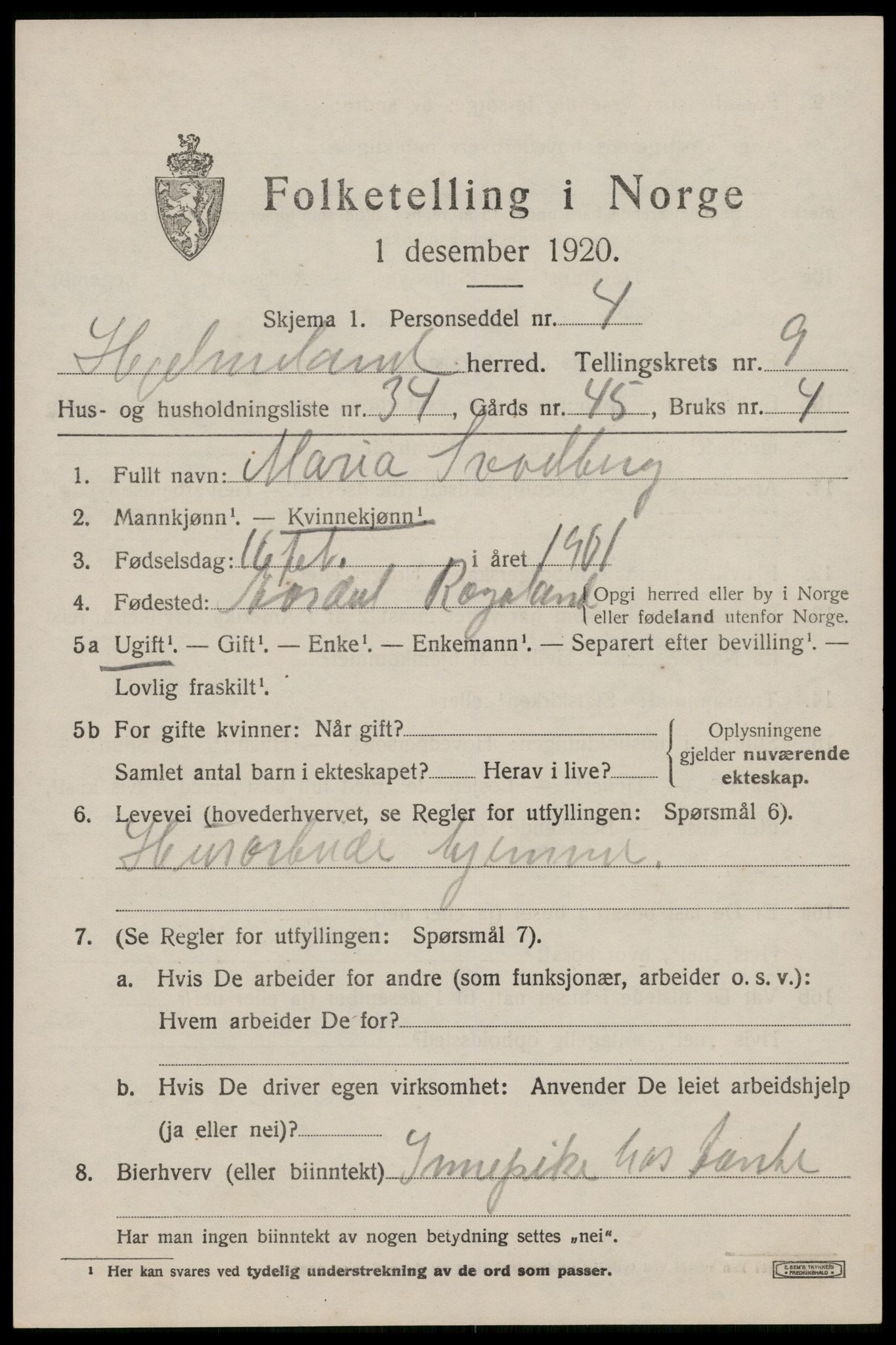 SAST, 1920 census for Hjelmeland, 1920, p. 3105