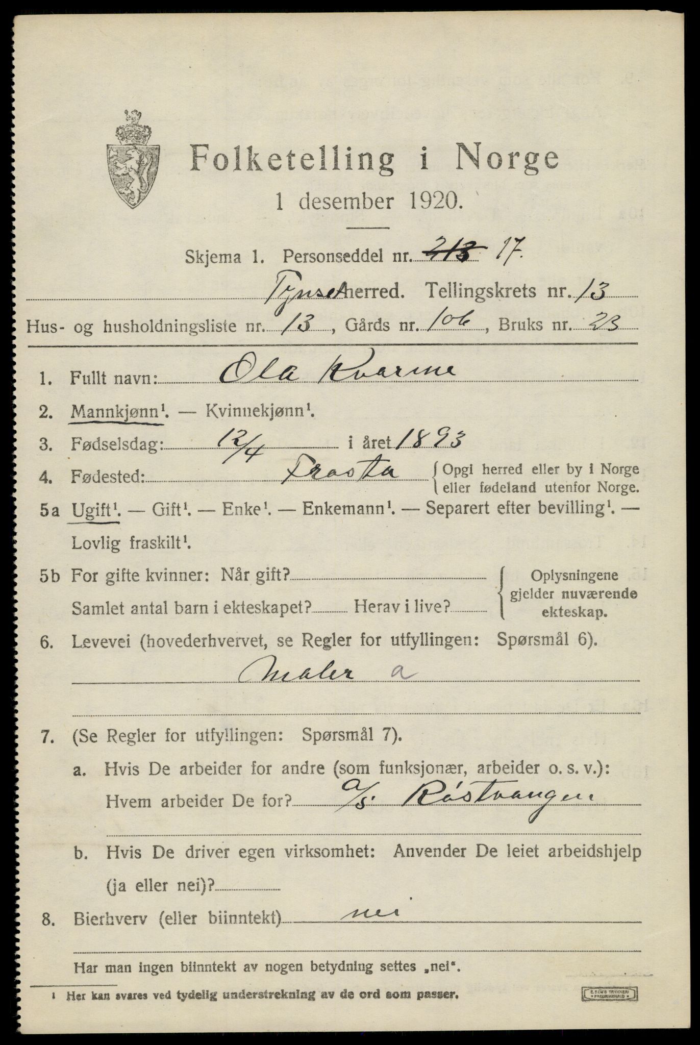 SAH, 1920 census for Tynset, 1920, p. 8924