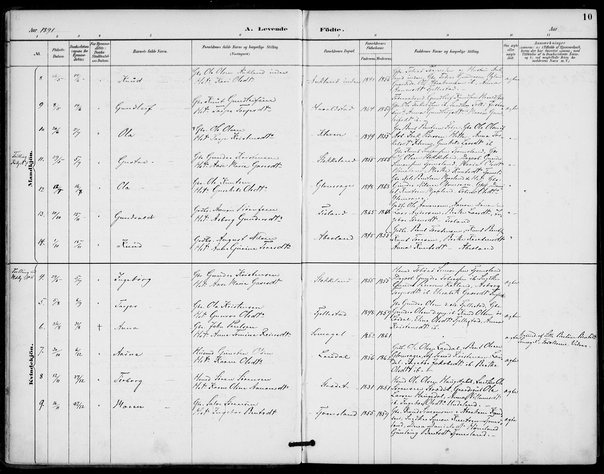 Holum sokneprestkontor, AV/SAK-1111-0022/F/Fa/Fab/L0007: Parish register (official) no. A 7, 1887-1912, p. 10