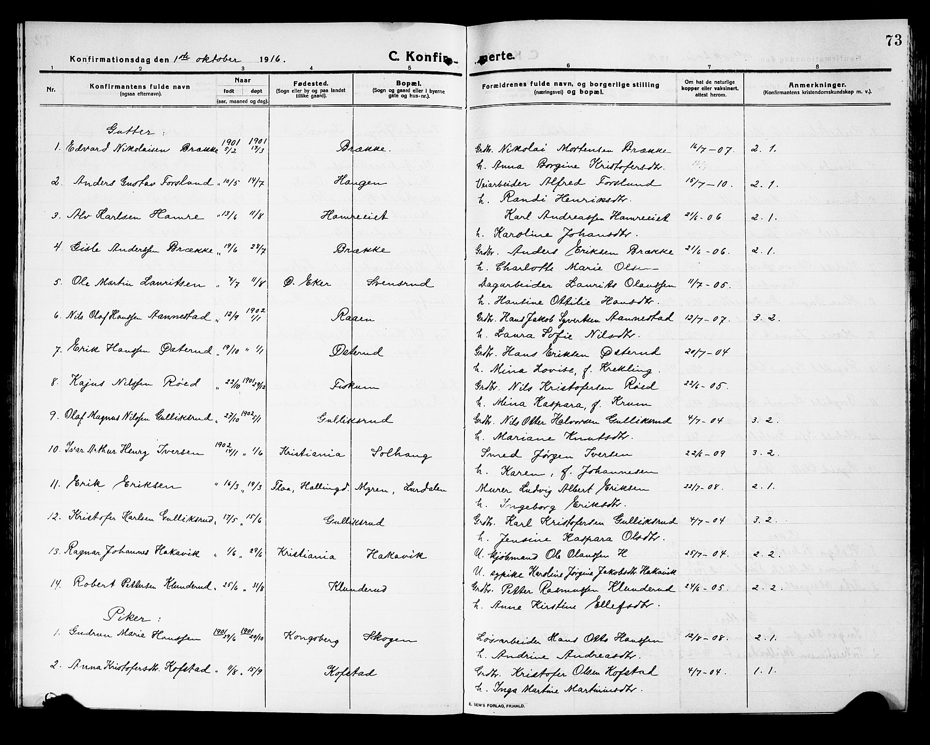 Fiskum kirkebøker, AV/SAKO-A-15/G/Ga/L0006: Parish register (copy) no. 6, 1913-1927, p. 73