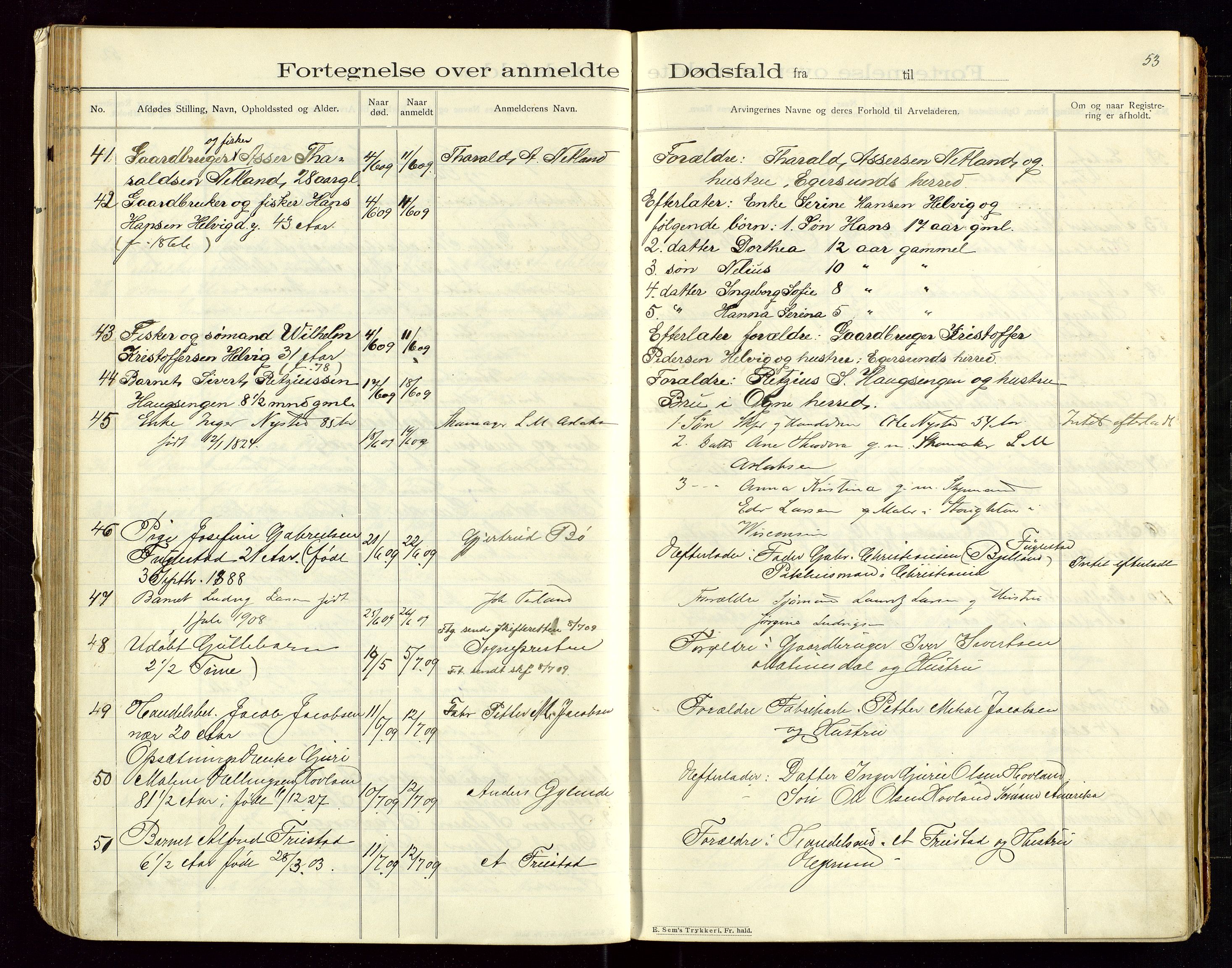 Eigersund lensmannskontor, SAST/A-100171/Gga/L0005: "Dødsfalds-Protokol" m/alfabetisk navneregister, 1905-1913, p. 53