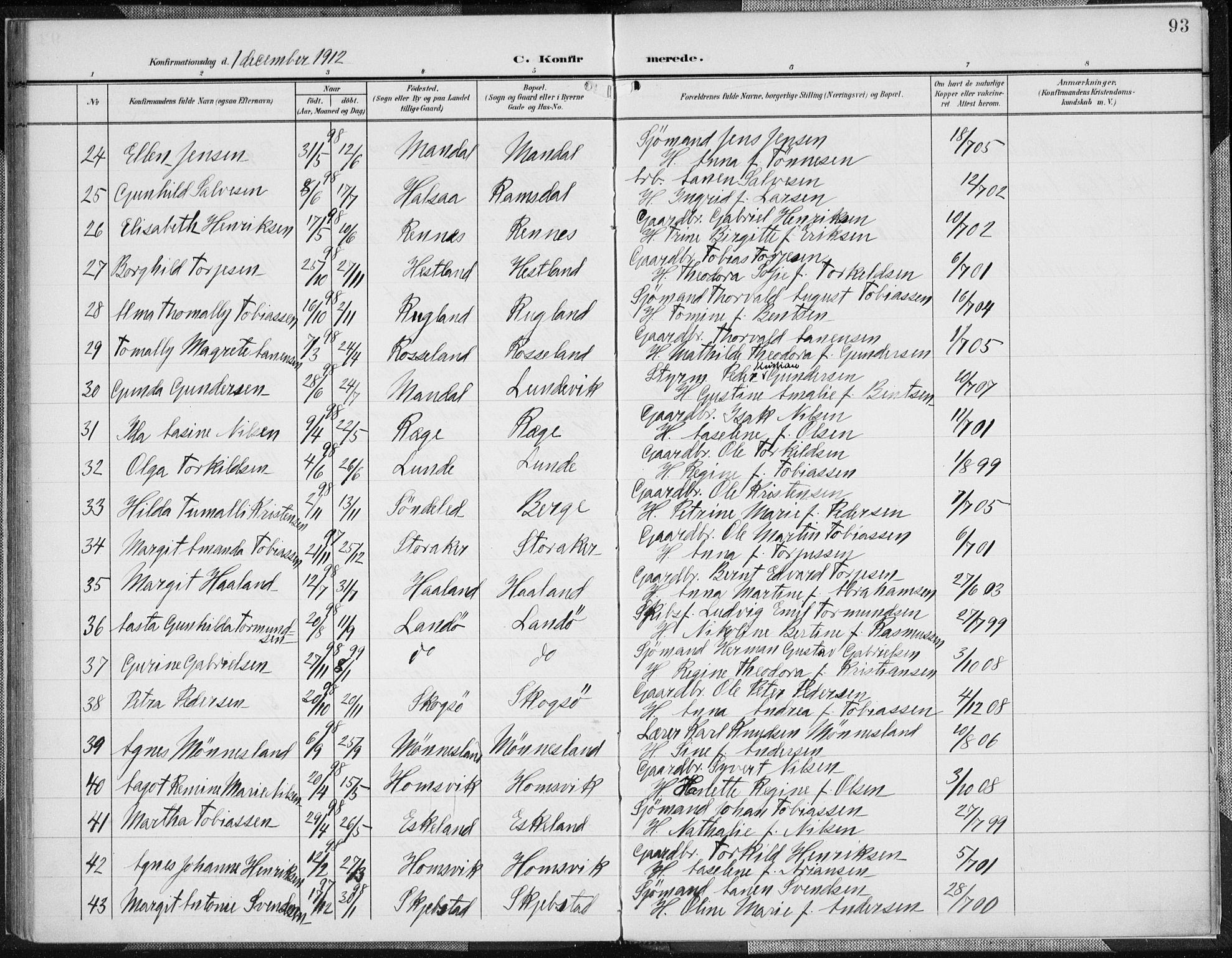 Mandal sokneprestkontor, AV/SAK-1111-0030/F/Fa/Faa/L0019: Parish register (official) no. A 19, 1902-1912, p. 93