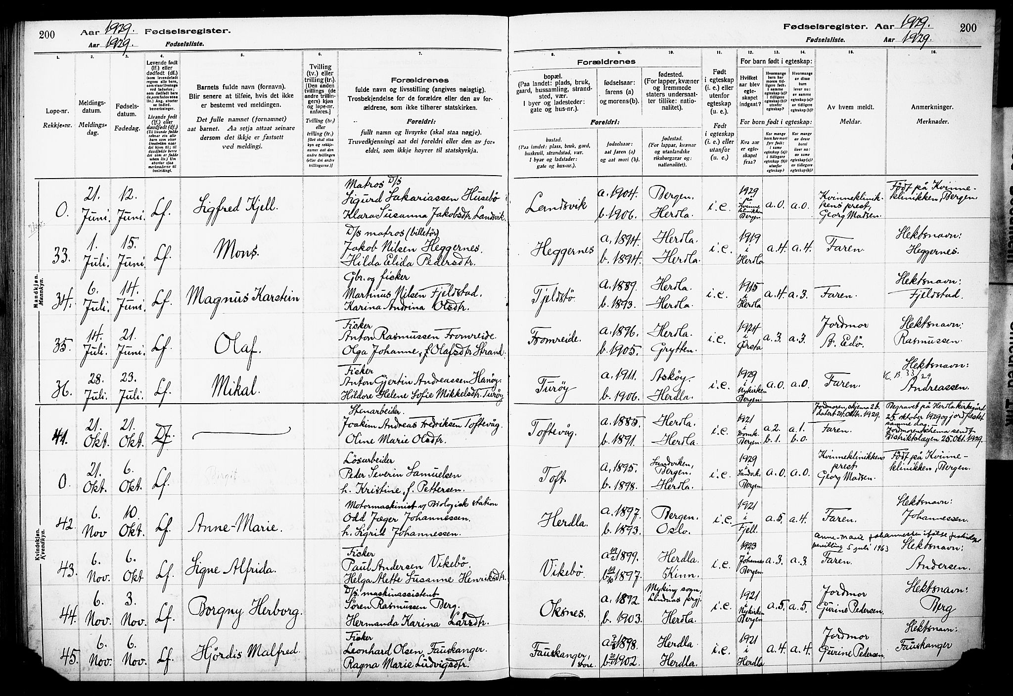 Herdla Sokneprestembete, AV/SAB-A-75701/I/Id/L00A1: Birth register no. A 1, 1916-1929, p. 200