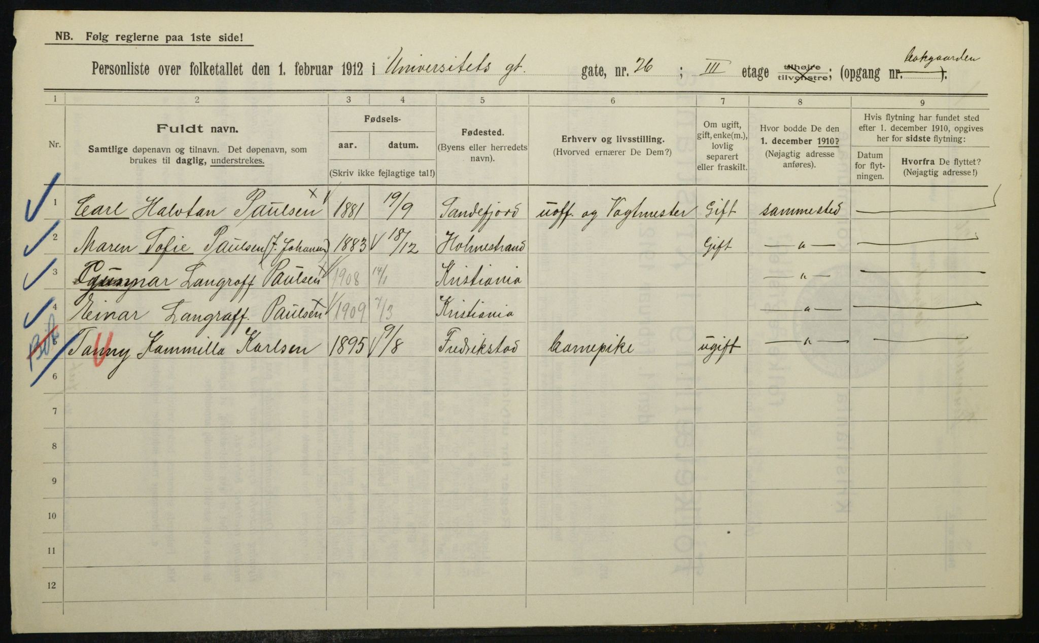 OBA, Municipal Census 1912 for Kristiania, 1912, p. 120187