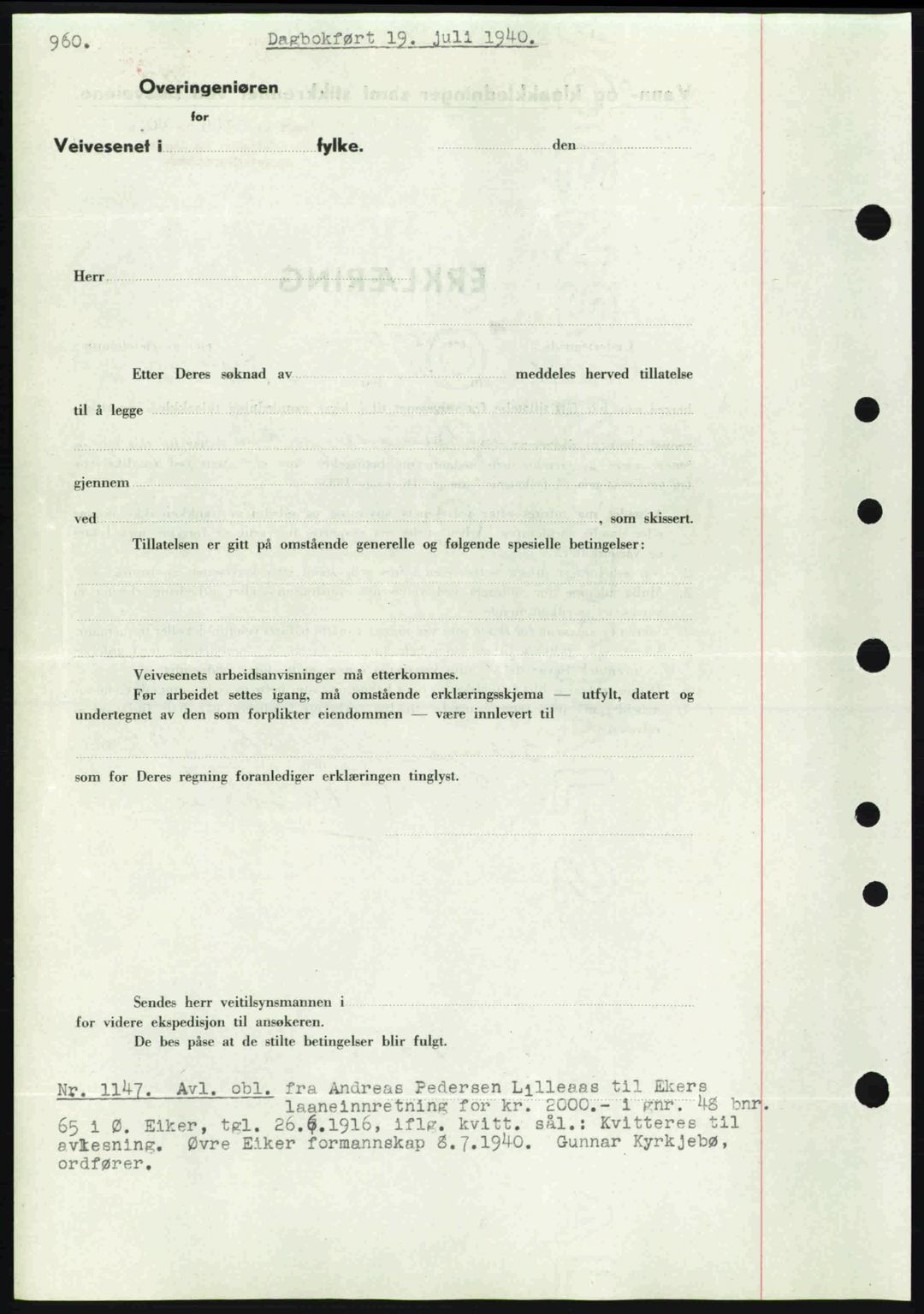 Eiker, Modum og Sigdal sorenskriveri, SAKO/A-123/G/Ga/Gab/L0041: Mortgage book no. A11, 1939-1940, Diary no: : 1147/1940