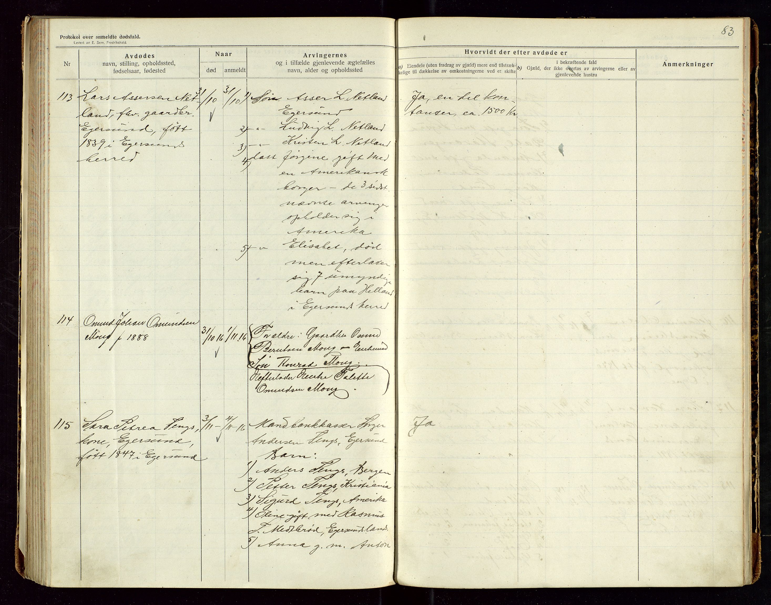 Eigersund lensmannskontor, SAST/A-100171/Gga/L0006: "Protokol over anmeldte dødsfald" m/alfabetisk navneregister, 1914-1917, p. 83