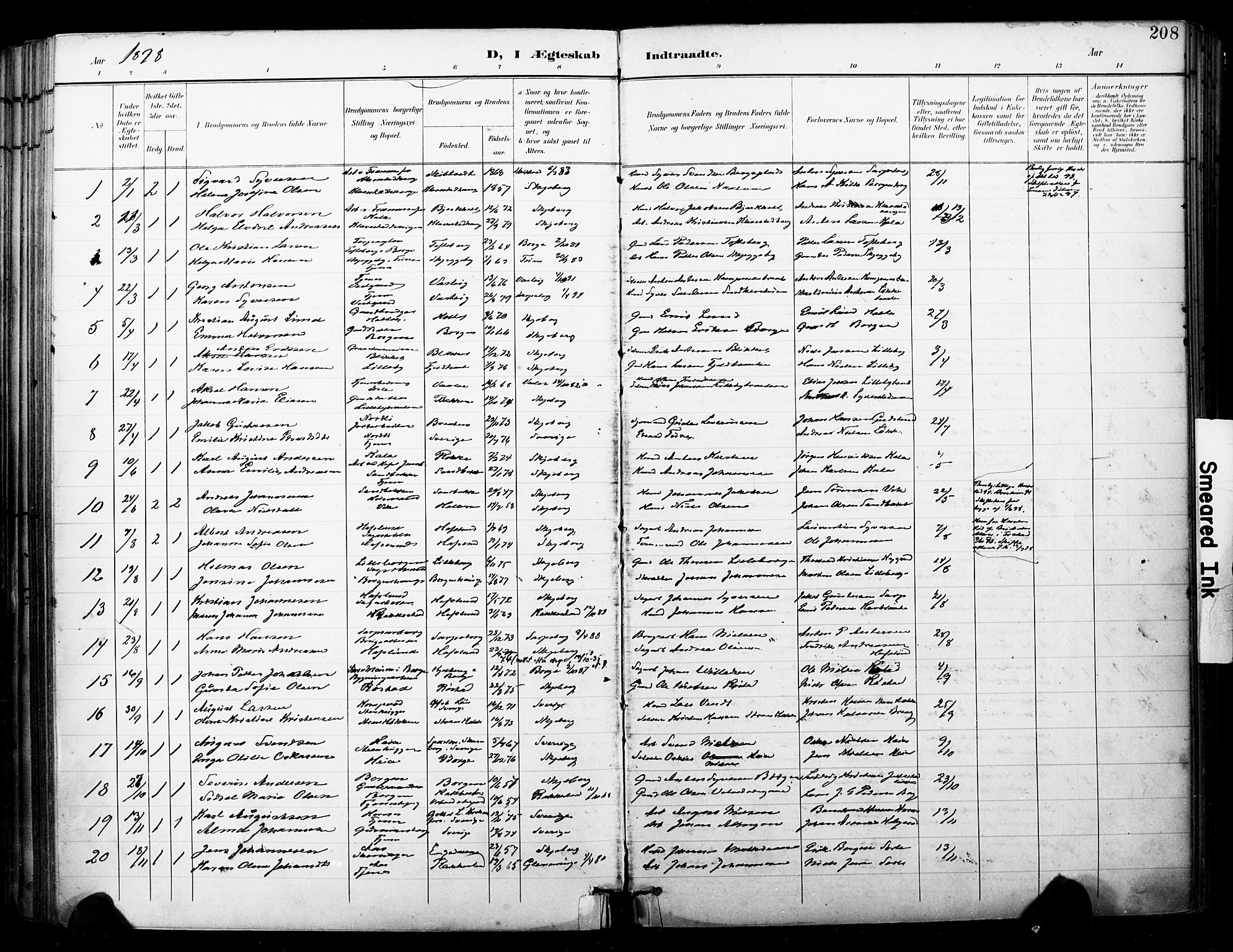 Skjeberg prestekontor Kirkebøker, SAO/A-10923/F/Fa/L0010: Parish register (official) no. I 10, 1898-1911, p. 208