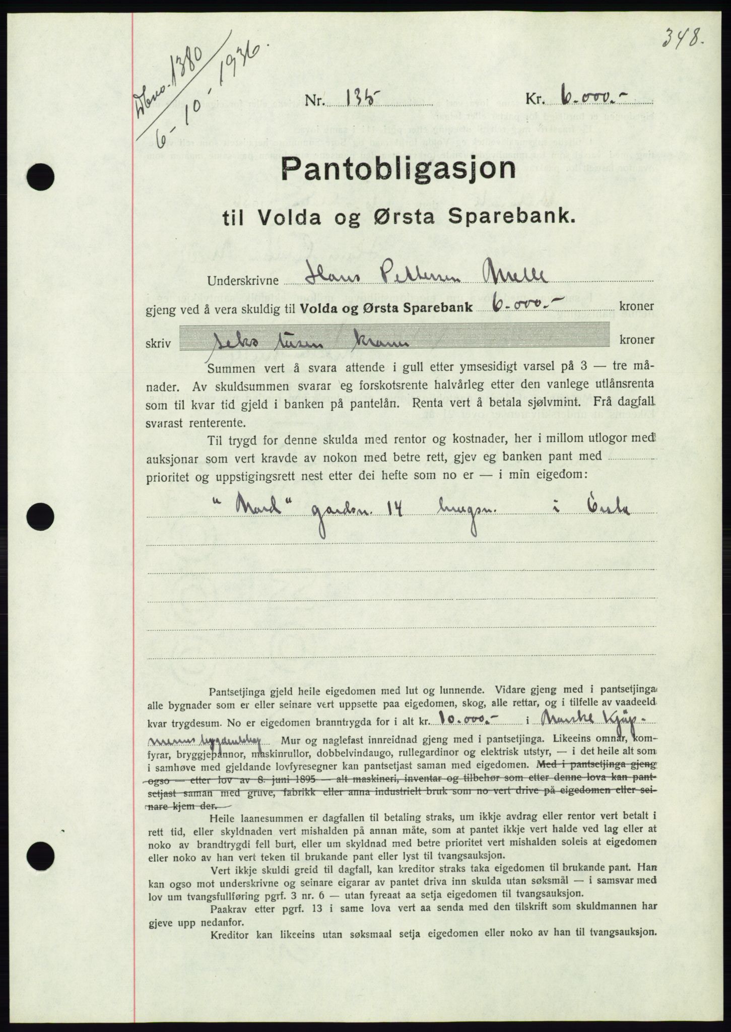 Søre Sunnmøre sorenskriveri, AV/SAT-A-4122/1/2/2C/L0061: Mortgage book no. 55, 1936-1936, Diary no: : 1380/1936