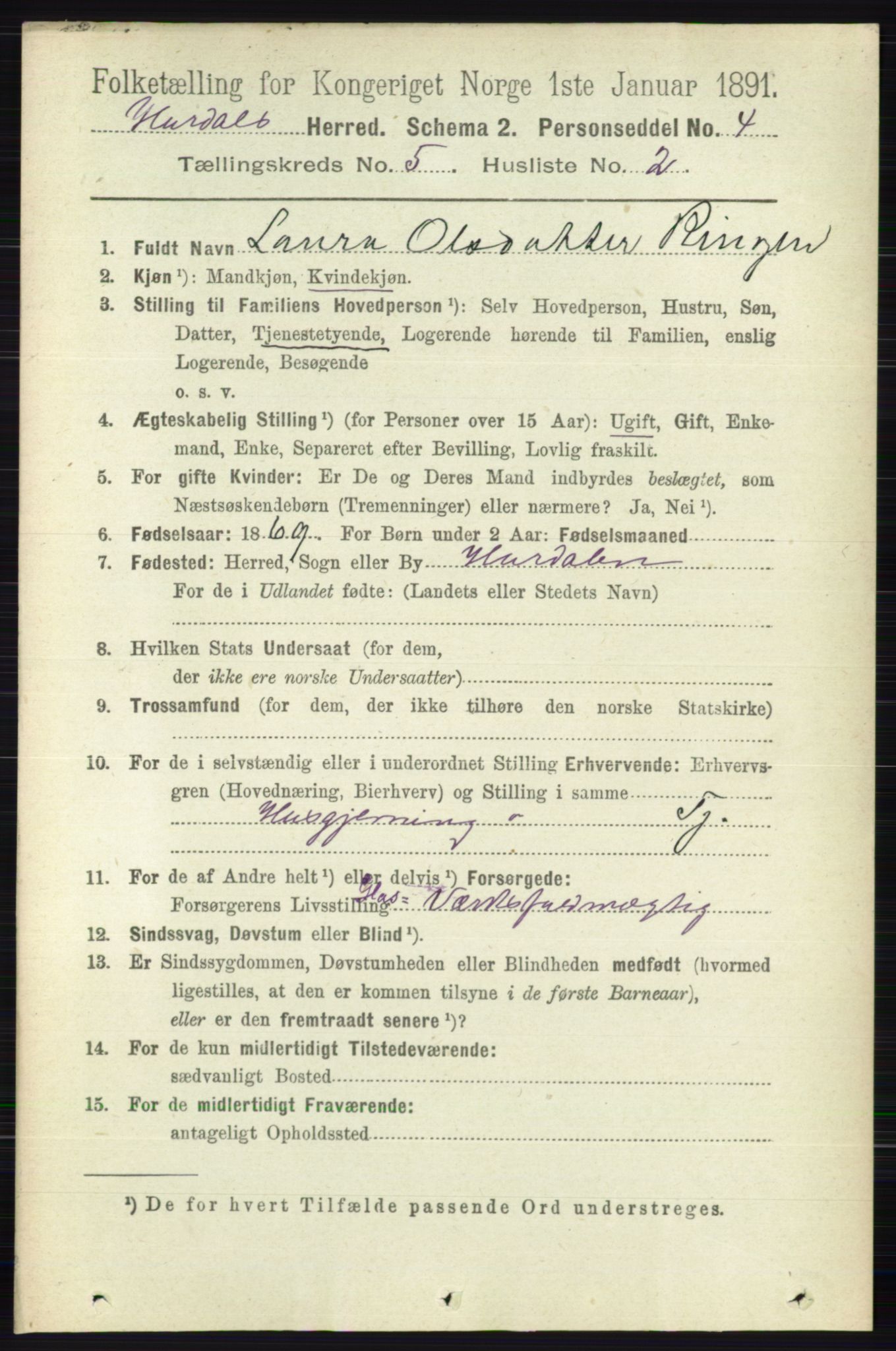 RA, 1891 census for 0239 Hurdal, 1891, p. 2026