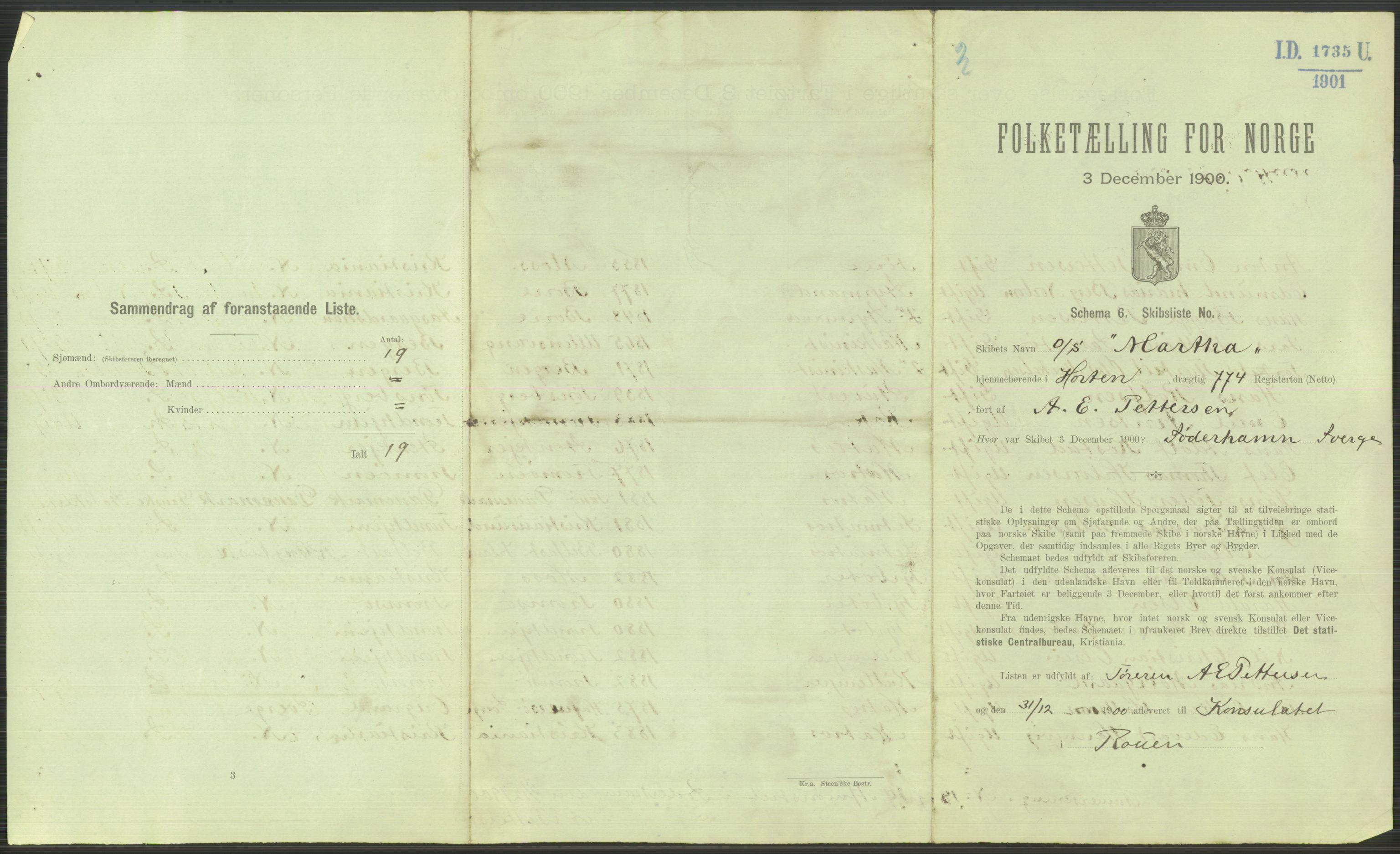 RA, 1900 Census - ship lists from ships in Norwegian harbours, harbours abroad and at sea, 1900, p. 3577