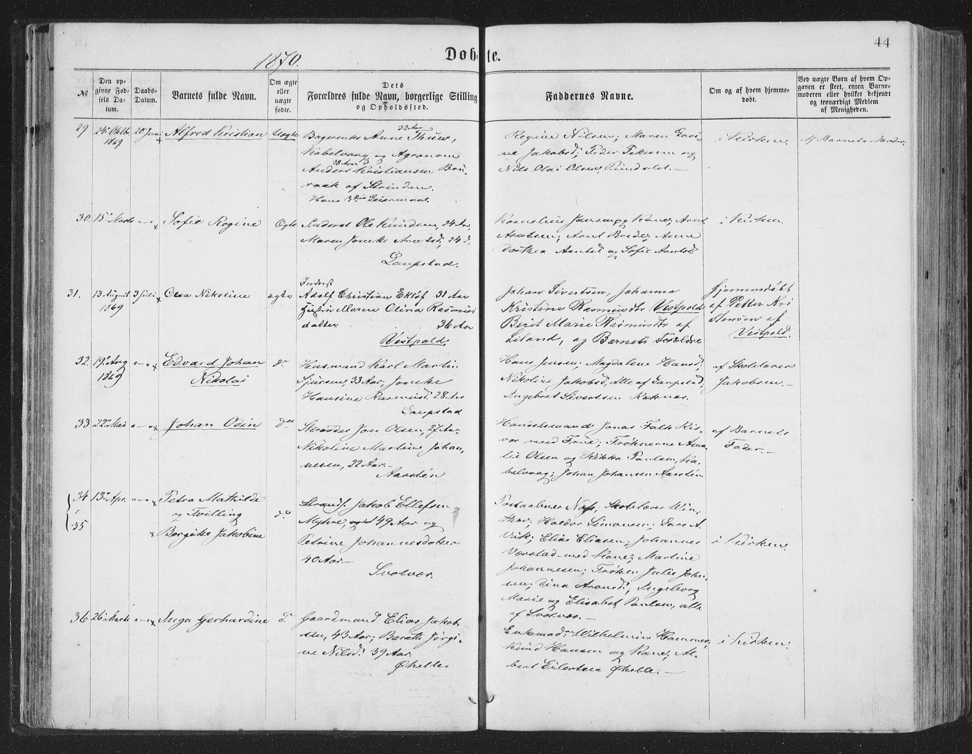 Ministerialprotokoller, klokkerbøker og fødselsregistre - Nordland, AV/SAT-A-1459/874/L1057: Parish register (official) no. 874A01, 1866-1877, p. 44