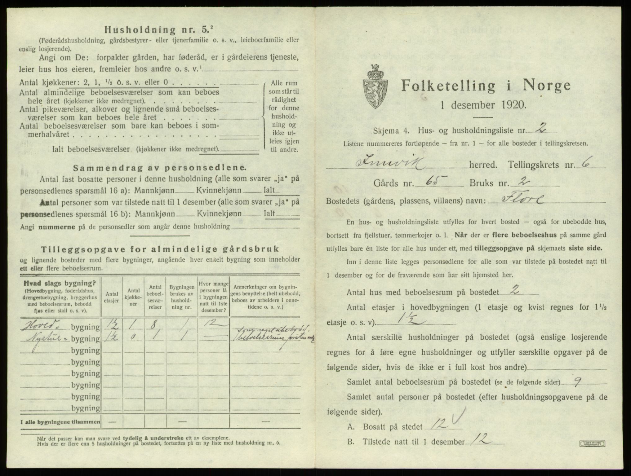 SAB, 1920 census for Innvik, 1920, p. 370