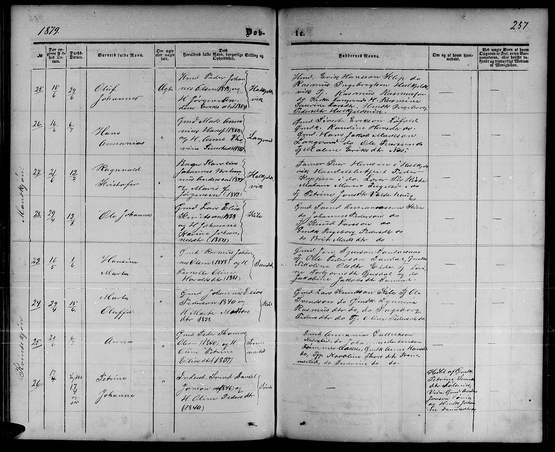 Ministerialprotokoller, klokkerbøker og fødselsregistre - Møre og Romsdal, AV/SAT-A-1454/511/L0157: Parish register (copy) no. 511C03, 1864-1884, p. 257