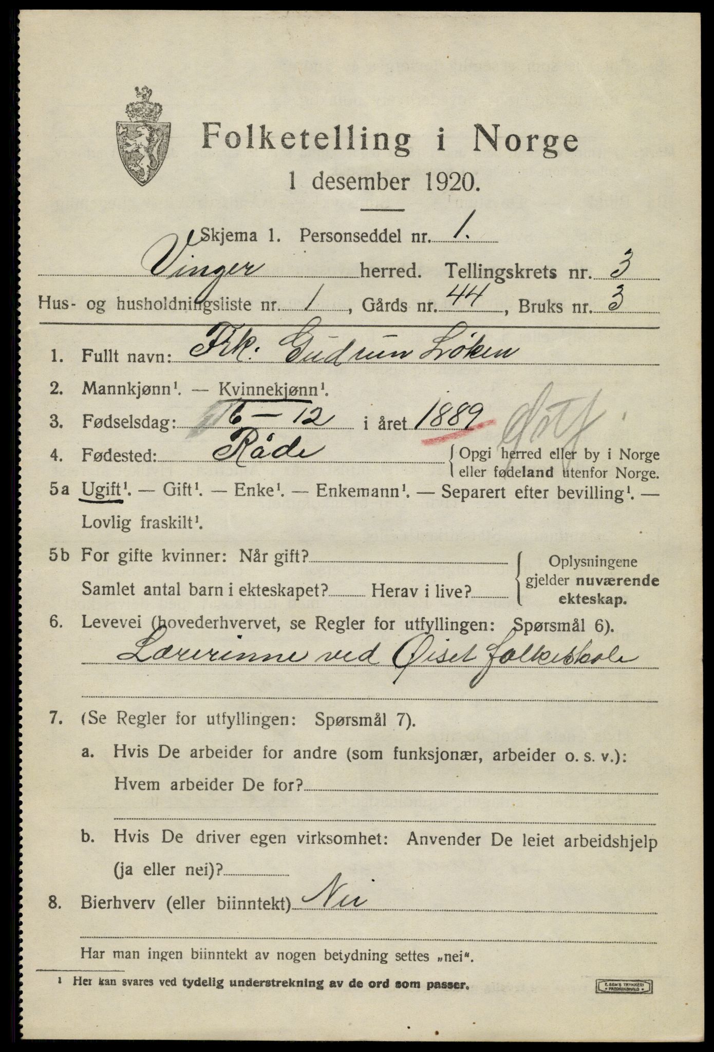 SAH, 1920 census for Vinger, 1920, p. 4564