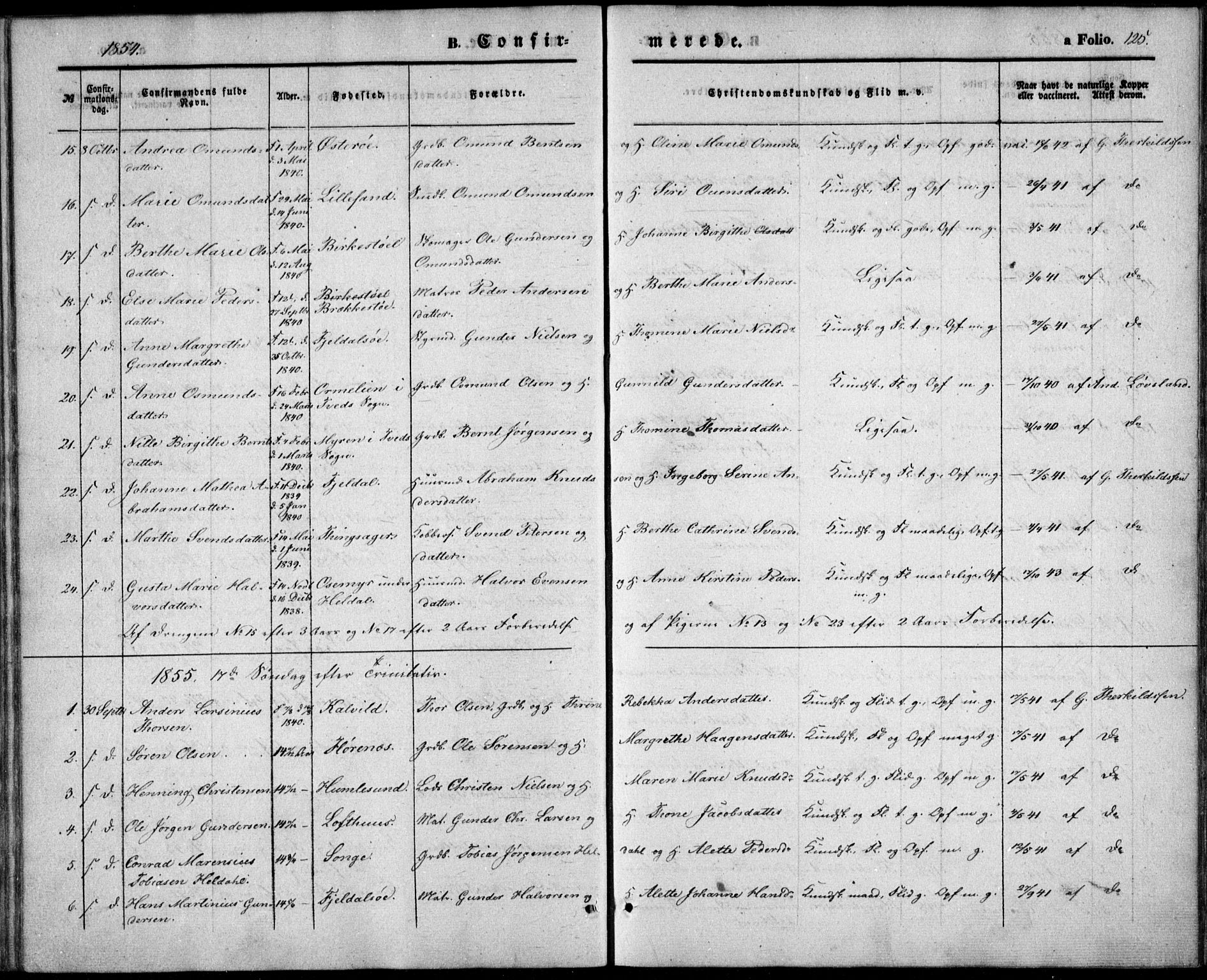 Vestre Moland sokneprestkontor, AV/SAK-1111-0046/F/Fb/Fbb/L0003: Parish register (copy) no. B 3, 1851-1861, p. 125