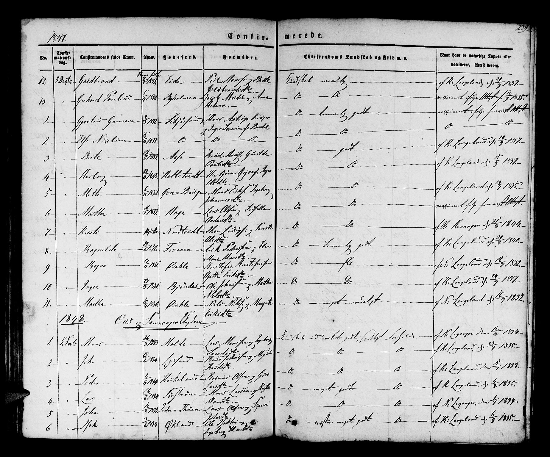 Os sokneprestembete, SAB/A-99929: Parish register (official) no. A 15, 1839-1851, p. 239