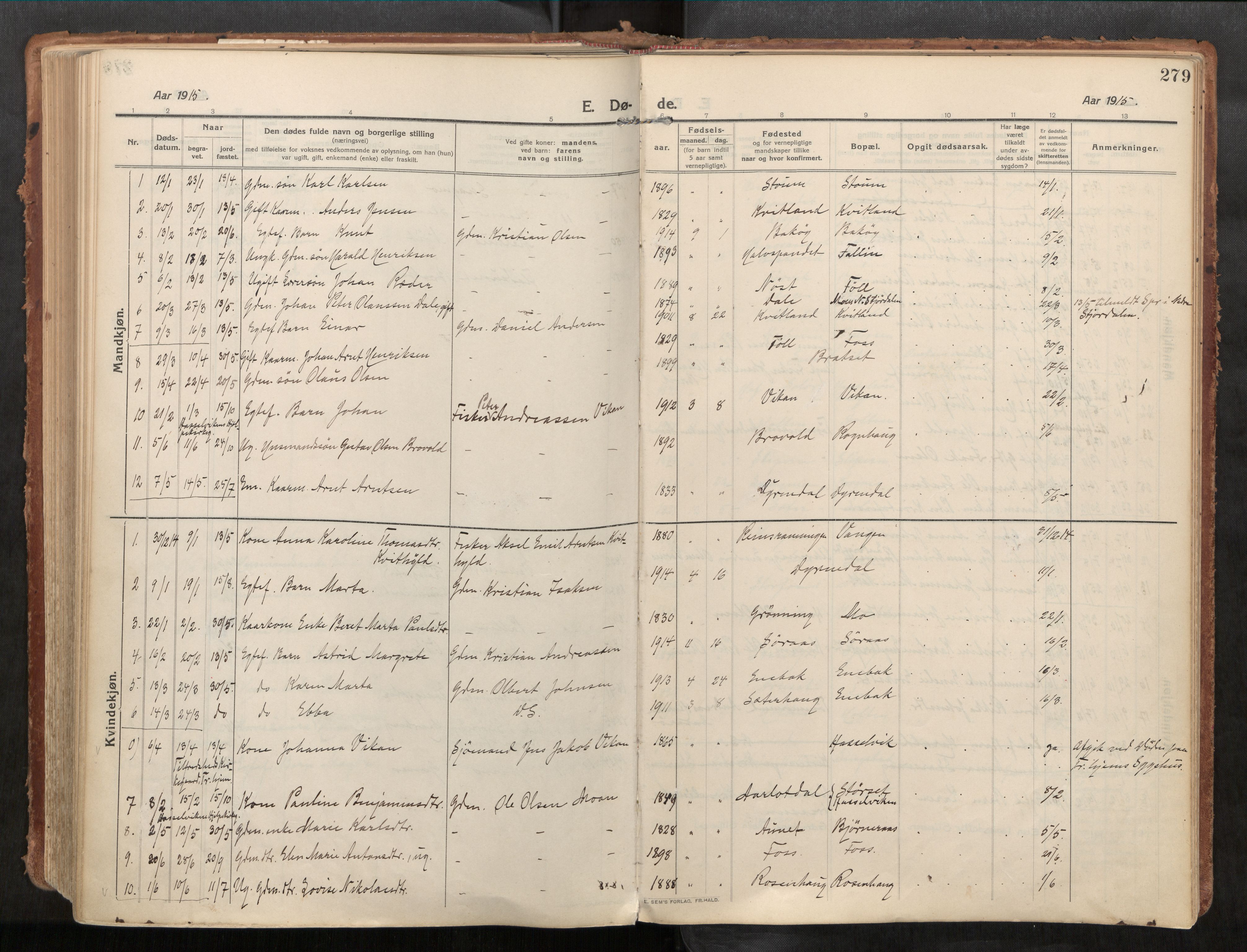 Stadsbygd sokneprestkontor, SAT/A-1117/1/I/I1/I1a/L0001: Parish register (official) no. 1, 1911-1929, p. 279